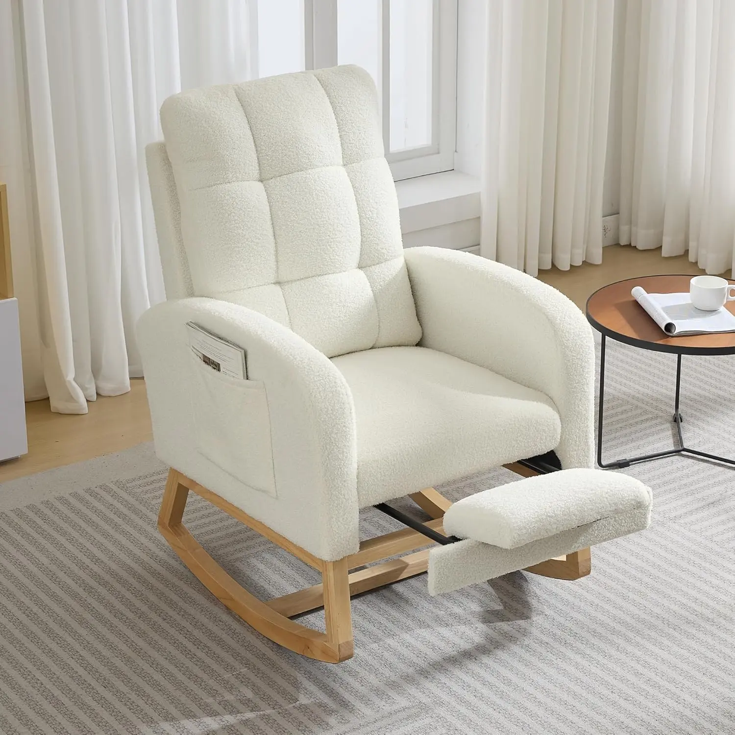 Nursery Rocking Chair, Teddy Upholstered Glider Rocker with Side Pocket & Footrest, High Back Nursing Chair with Wood Legs, Modern Accent Armchair for Living Room, Bedroom, Nursing Room
