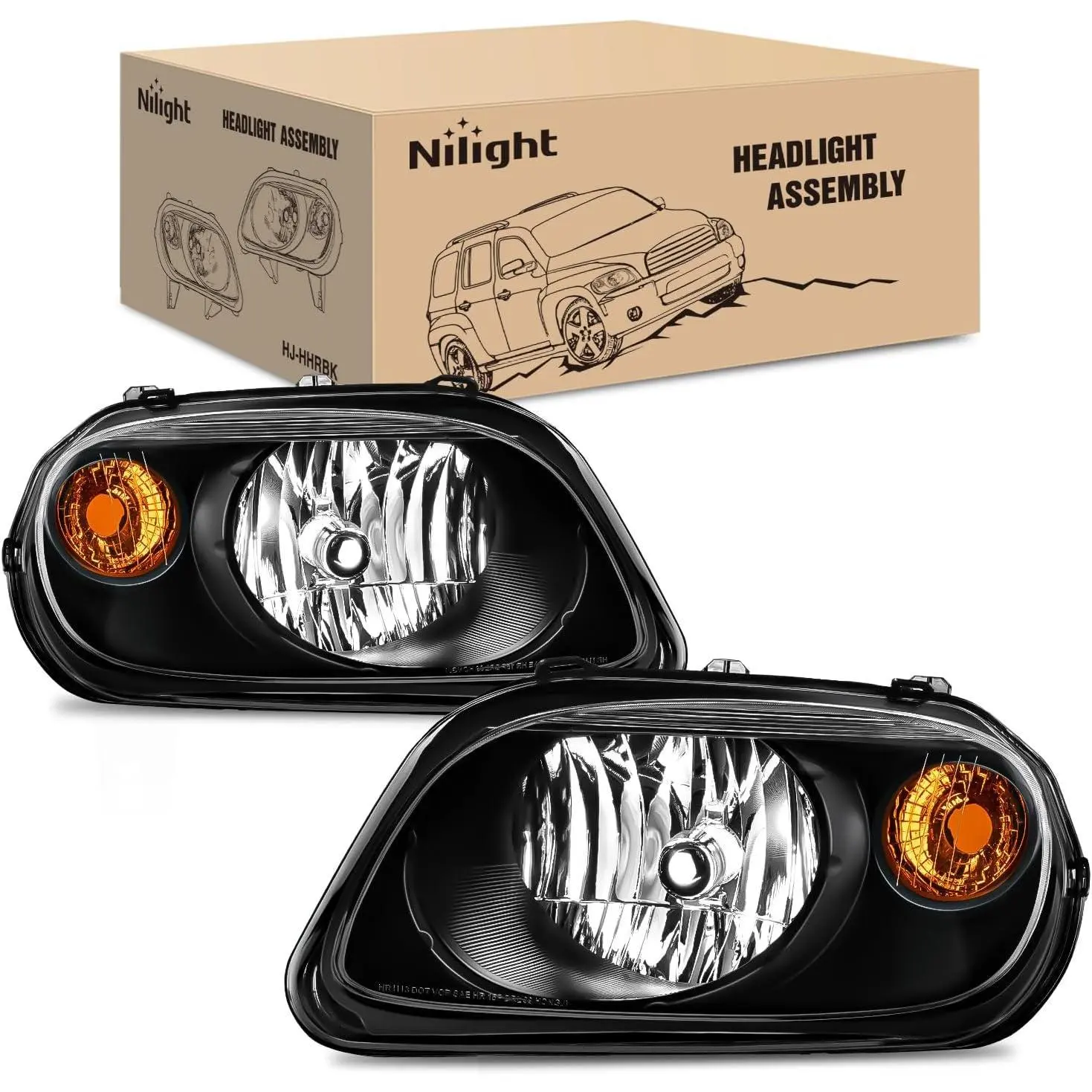 Nilight Luminous Brightening Reflective Corrosion-Resistant Waterproof Adjustable 2-Door Car Headlight Assembly, Halogen OE-Style Replacement for 2006-2011 Chevy HHR, Black Housing, Amber Reflector, Driver & Passenger Side