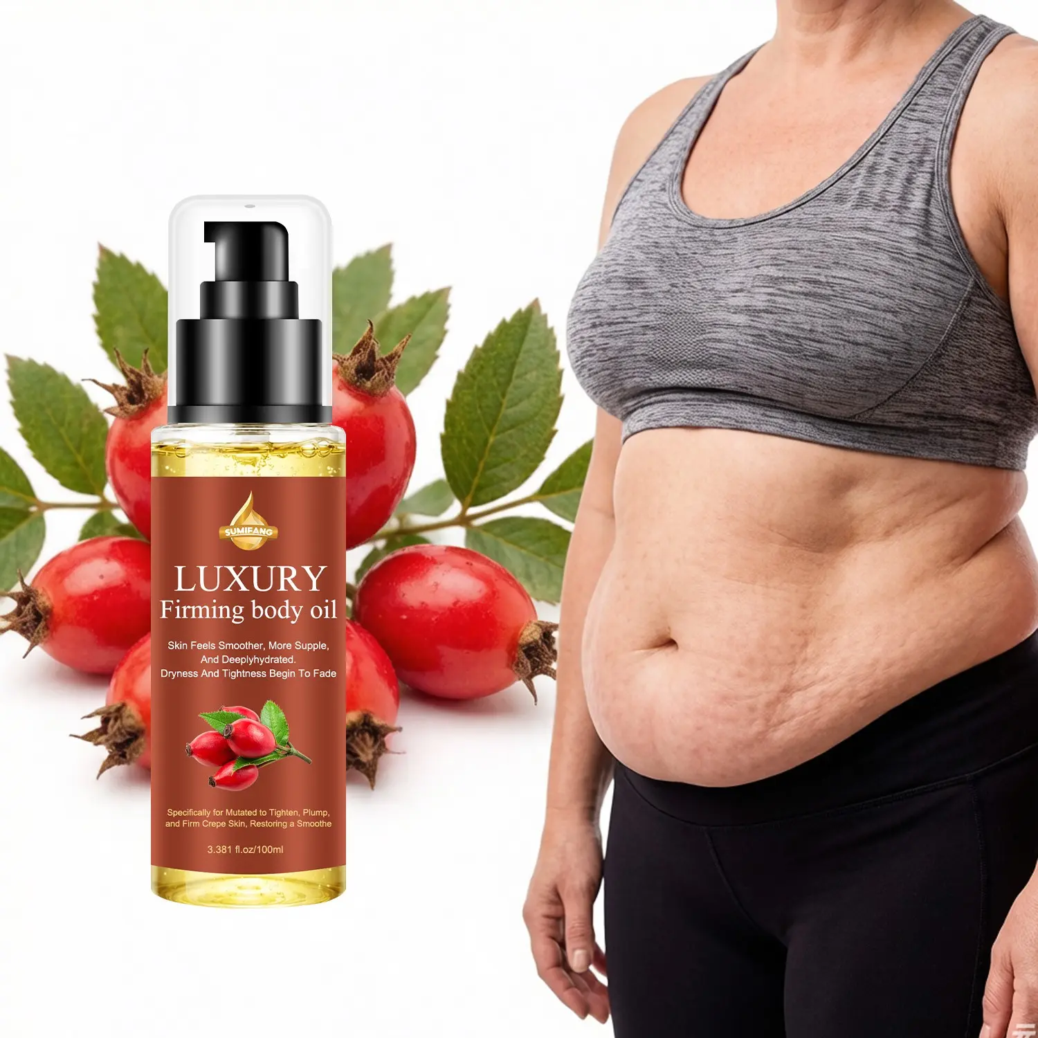 SUMIFANG Luxury Firming Body Oil (100ml) – Rosehip Oil + Sweet Almond Oil + Centella Asiatica – Restores skin firmness and elasticity, improves sagging and wrinkled skin, deeply nourishes, and leaves a lightweight, non-greasy finish.