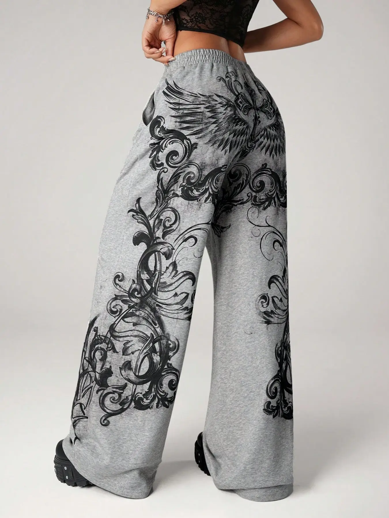 Viral Gothic Wing Floral Print Elastic Waist Wide Leg Sweatpants, Oversized Loose Y2K Grunge Streetwear Bottoms, Daily Skate Campus Casual Statement Pants for Women, Baggy Oversized