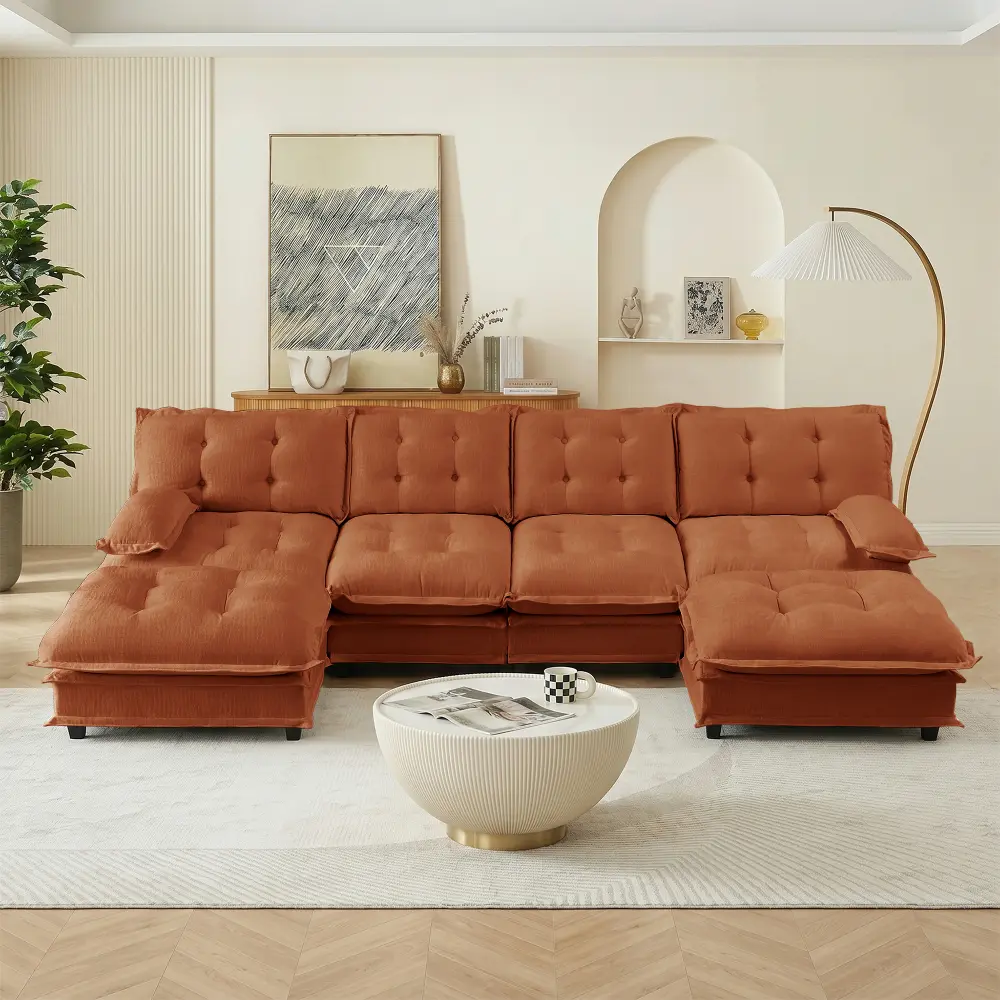138" U Shaped Modern Sofa Modular Sectional Cloud Couch with  2 Ottomans, 4-Seat Chenille Deep Seat Sofa with Comfy Lattice Decored Seat Cushion, Bedroom and Apartment, Orange