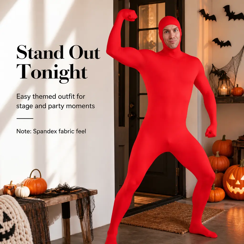 Adult Red Full‑Body Spandex Zentai Suit, Hooded Hand‑Foot Integrated Stretch Bodysuit, Full Coverage Skin‑Tight Jumpsuit, Halloween Themed Cosplay Costume for Stage Performance, Content Shooting, Carnival Party
