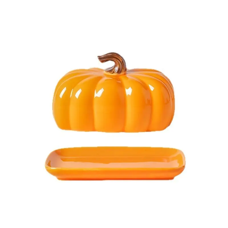 1Set Ceramic Pumpkin Butter Dish Serving Plate With Lid Cozy Farmhouse Autumn Thanksgiving Aesthetic Orange Glazed Embossed Brown Stem Handle Food Storage Tray Home Kitchen Table Decor Party Gift