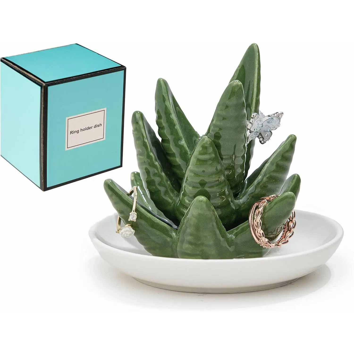 Aloe Ring Holder Ceramic Ring Dish, Jewelry Holder Dish Trinket Tray For Rings Earrings Trinkets Organizer, Christmas Birthday Bridesmaid Gifts for Women