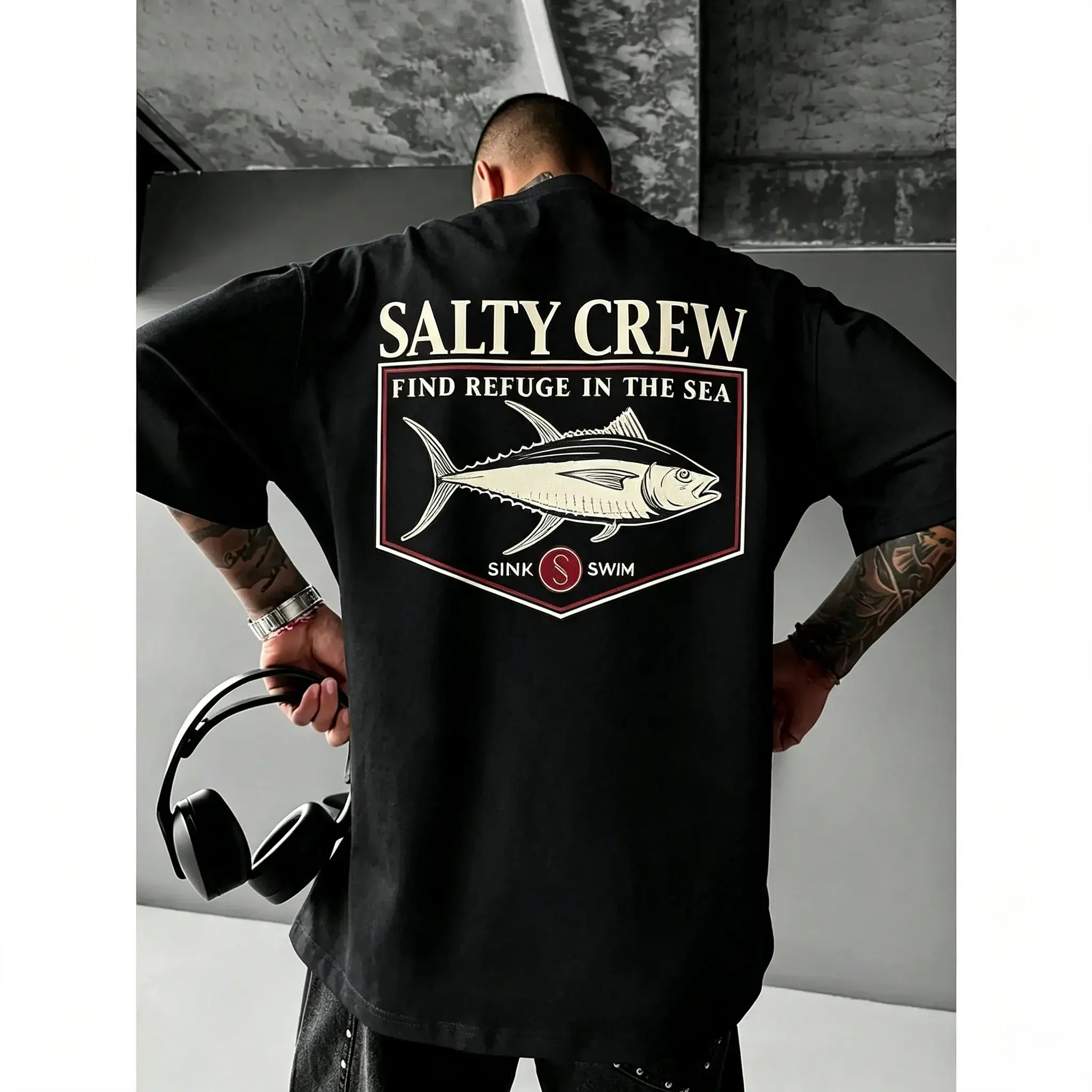 Men's Red & White Salty Crew Cotton Graphic T-Shirt - Streetwear, Round Neck, Shortsleeve, Casual Loose Fit, Summer Menswear Top, Tshirt, Fabric
