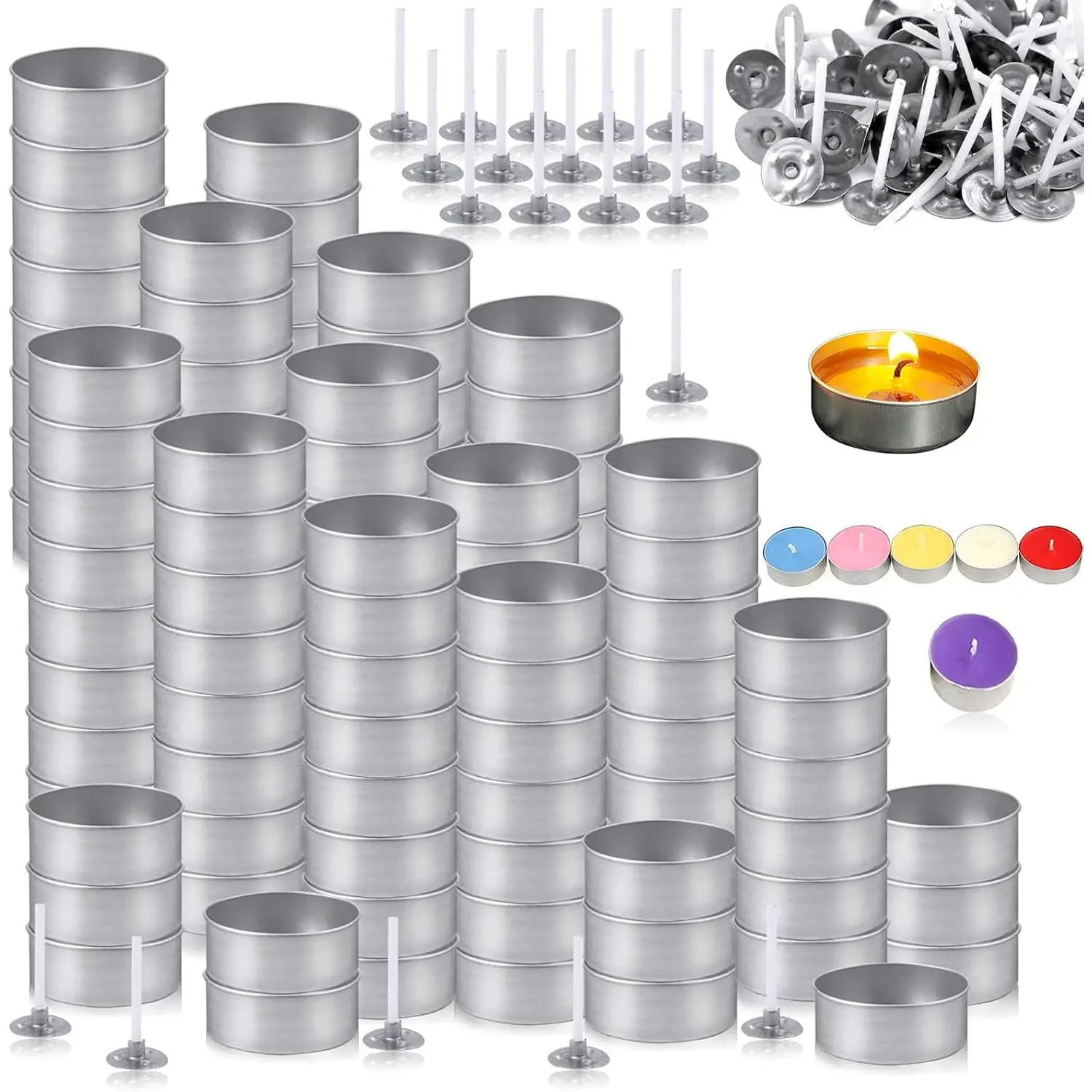 100 count   Lights Cups, Empty Case Candle Wax Containers | Tealight Candles Holder Metal  Light Tins with 100 count Candle Wicks Candle Mold for DIY Candles Making Supplies
