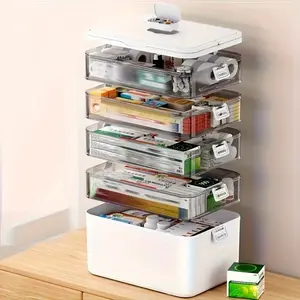 Home bathroom travel multi-layer large-capacity medicine storage box, bathroom storage with portable medicine box, durable adjustable divider, moisture-proof cover, safety handle, convenient for organizing pills, vitamins, and supplements (white)
