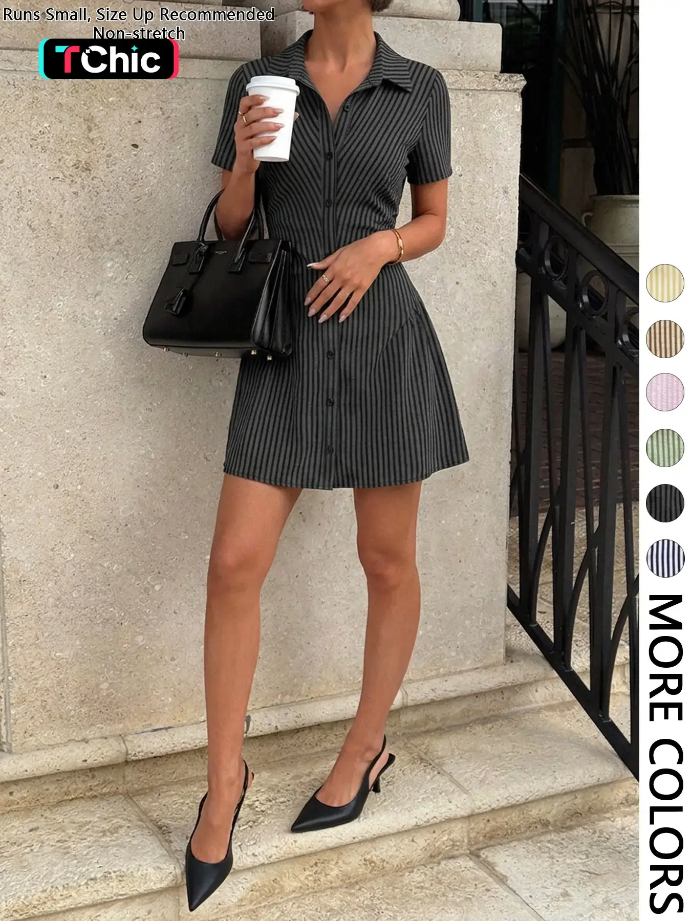 1 Piece Women Collared Short Sleeve Striped Button Down Ruched Mini Shirt Dress Brunch Dresses Casual Chic No Necklace