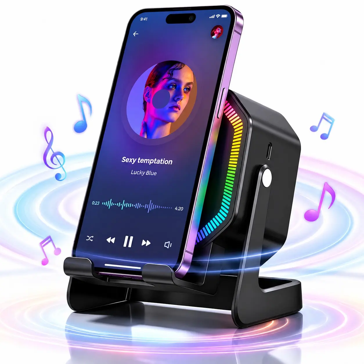 Induction Speaker with Phone Stand, 4 in 1 RGB Light Ambient Light Wireless Phone Speakers Amplifier, Audio Stereo Sound, 1500mAh Rechargeable, 360° Adjustable Holder Bluetooth-Compatible Speaker for iPhone/Android/iPad, Christmas‌ Gifts for Men Women