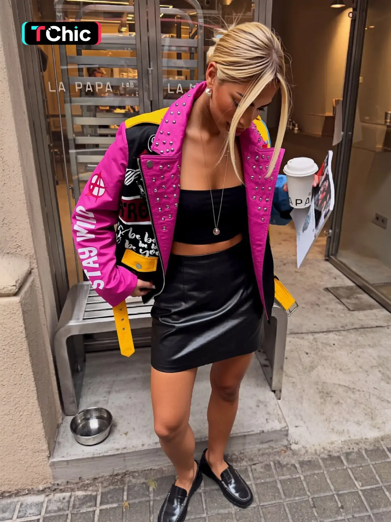 Women's PU Jacket with Belt, Casual Fitted Biker Jacket, Colorblock Animal Print Rivet Design, All Seasons Wearable Outerwear, Casual Fashionable Outerwear