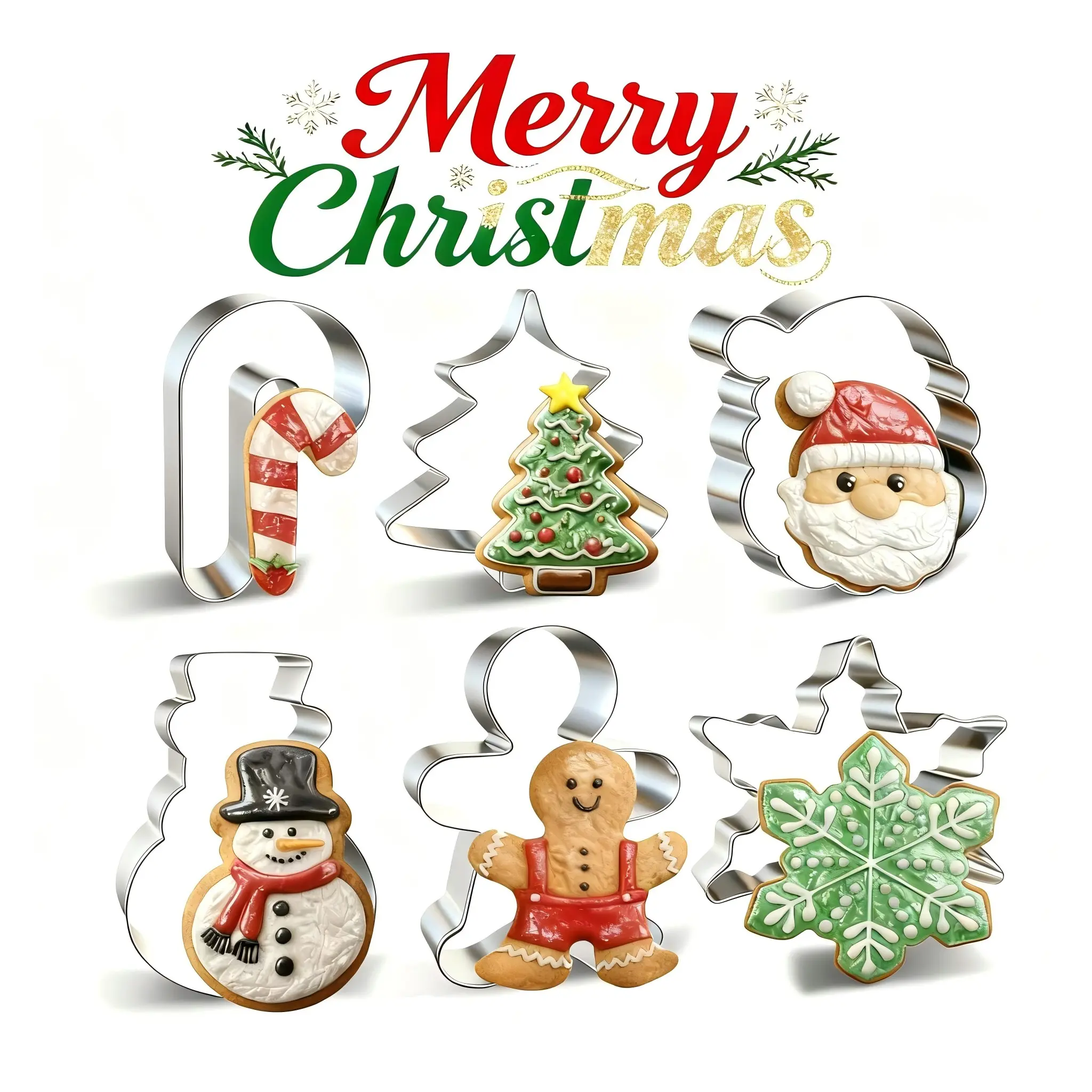 6-Piece Stainless Steel Christmas Cookie Cutter Set, Santa Snowflake Snowman Shapes, Perfect for Holiday Baking, Kitchen Tools