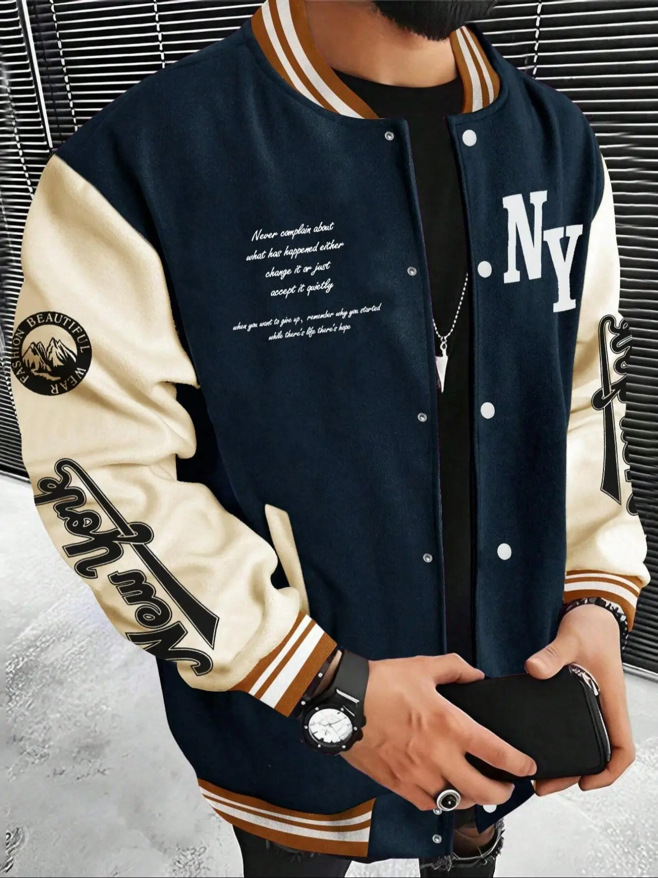 Men's Loose Fit Varsity Baseball Jacket, Color‑Block NY Letter Print Ribbed Collar Coat, Casual Outerwear for Campus, Streetwear, Commute, Dating & Daily Outing, Men's Fall Outfits & Winter Outfits