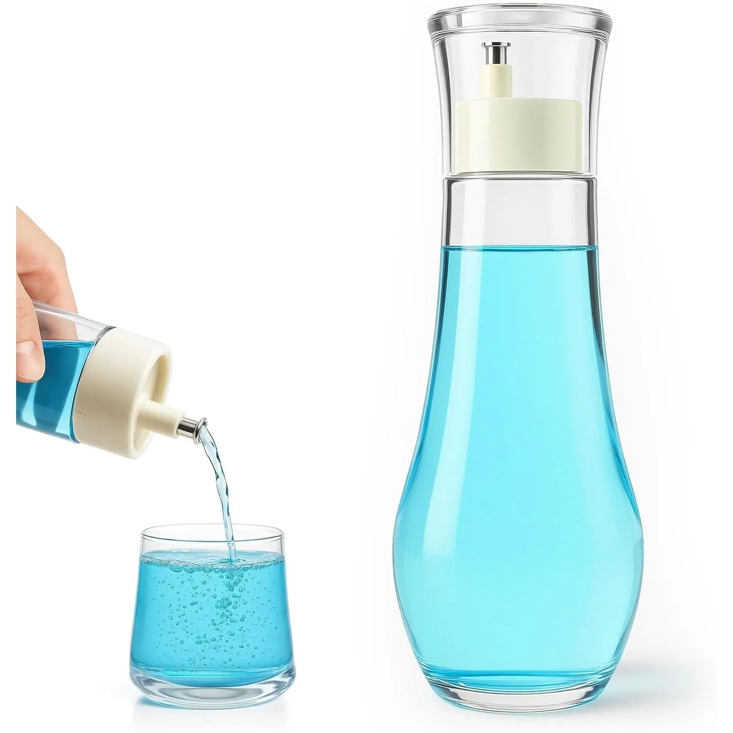 Tokusatsu Mouthwash Dispenser for Bathroom, 8.8 oz Clear Glass Refillable Mouthwash Container Bottle with Lid Cup for Countertop, 1 Pack