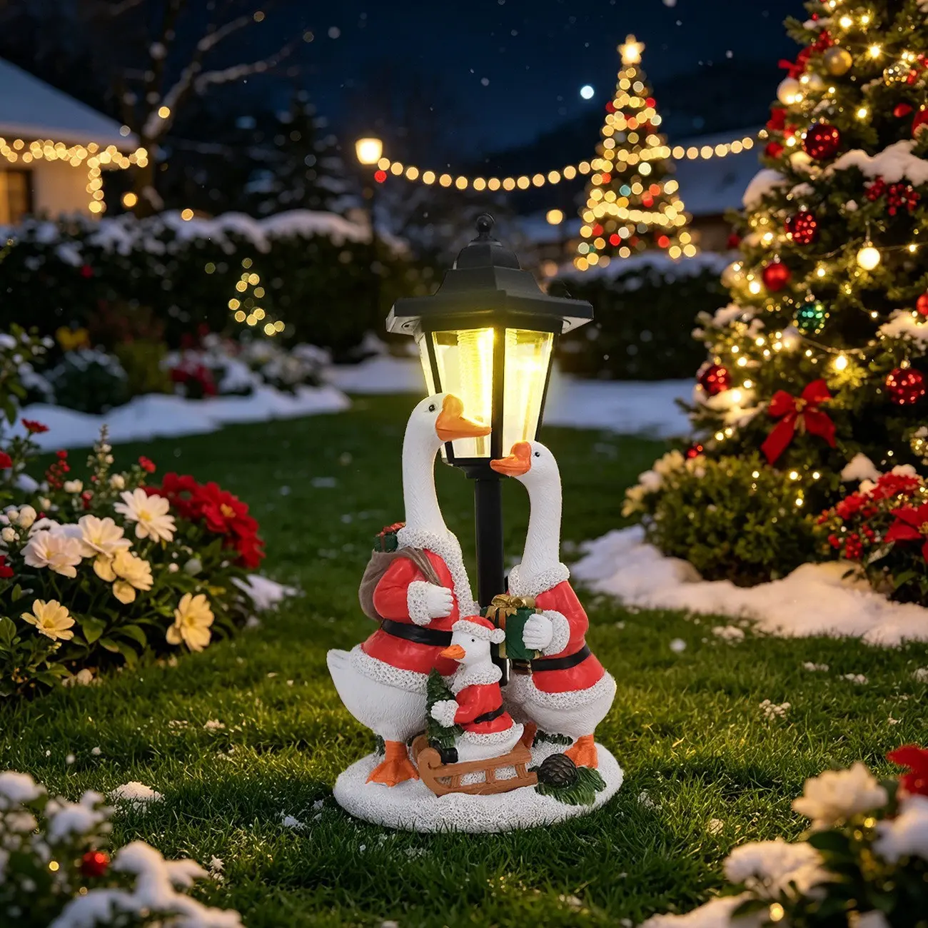 Christmas Theme Duck Family Resin Ornament, Solar Powered Outdoor Statue Lamp, Garden Night Light, Villa Balcony Sculpture, Unique Courtyard Decor