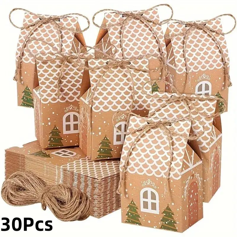 30Pcs Christmas ox paper box, mini house shaped gift bag, party decoration supplies, wedding gift box, winter Christmas and New Year gifts, perfect for Christmas