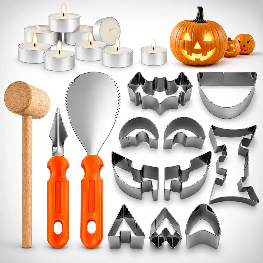 21-Piece Pumpkin Carving Kit, Includes 2 Carving Knives, Hammer, Stainless Steel Templates, 8 Smokeless Candles, Halloween Kitchen Set, DIY Pumpkin Decorations