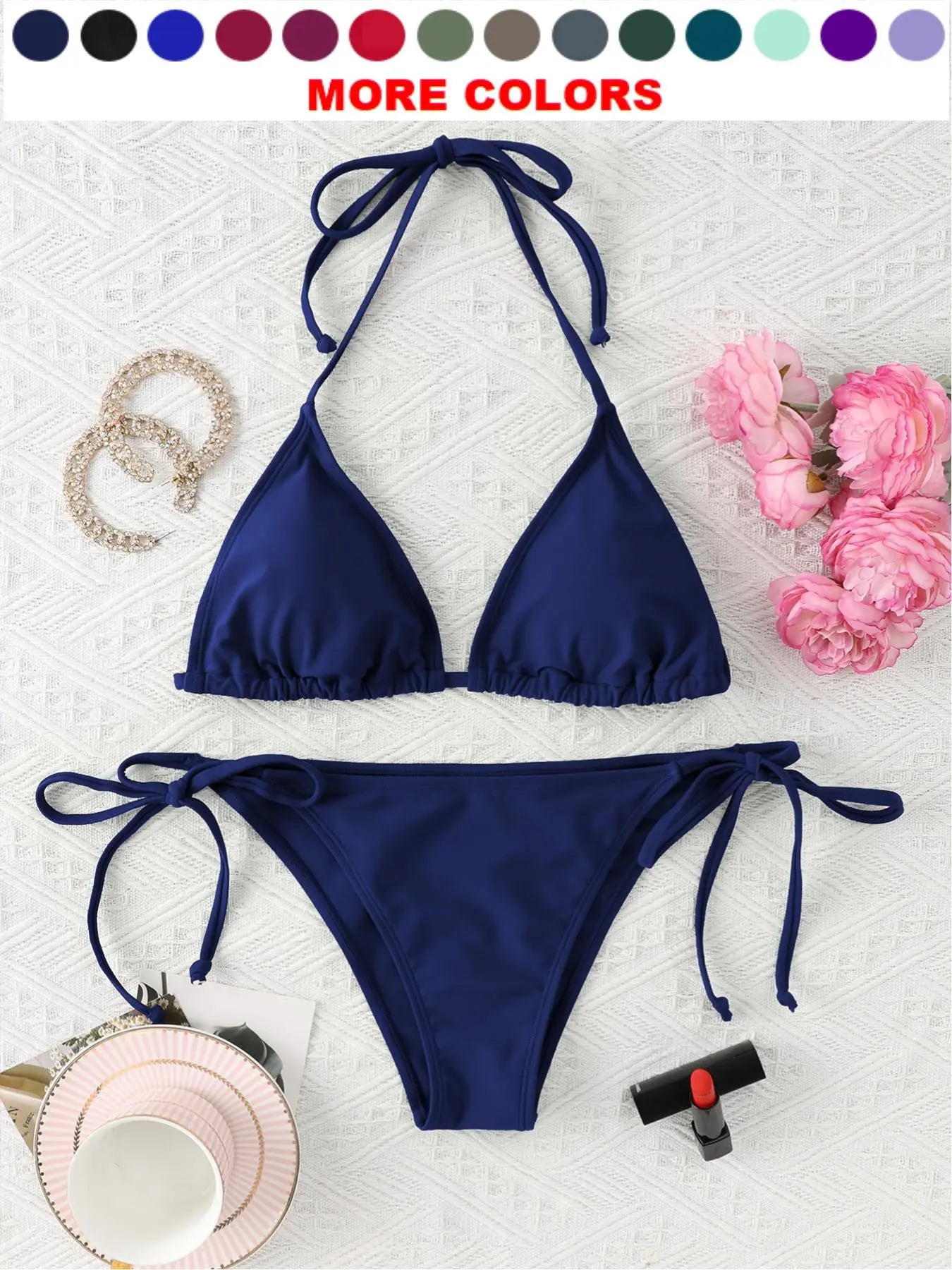 Women's Solid Ruched Bikini Set, Tie Back Halter Triangle Swim Top & Tie Side Swim Bottom, Ladies Summer Swimwear Sets for Beach Holiday Vacation
