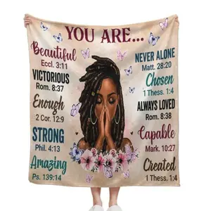 Beige Soft Base Praying Black Woman Dreadlocks Floral Butterfly Bible Verse Positive Affirmation Flannel Throw Blanket Christian Faith Self Love Inspirational Religious African American Woman Spiritual Gift 30*40in 40*50in Hand Knitted Chunky Chenille