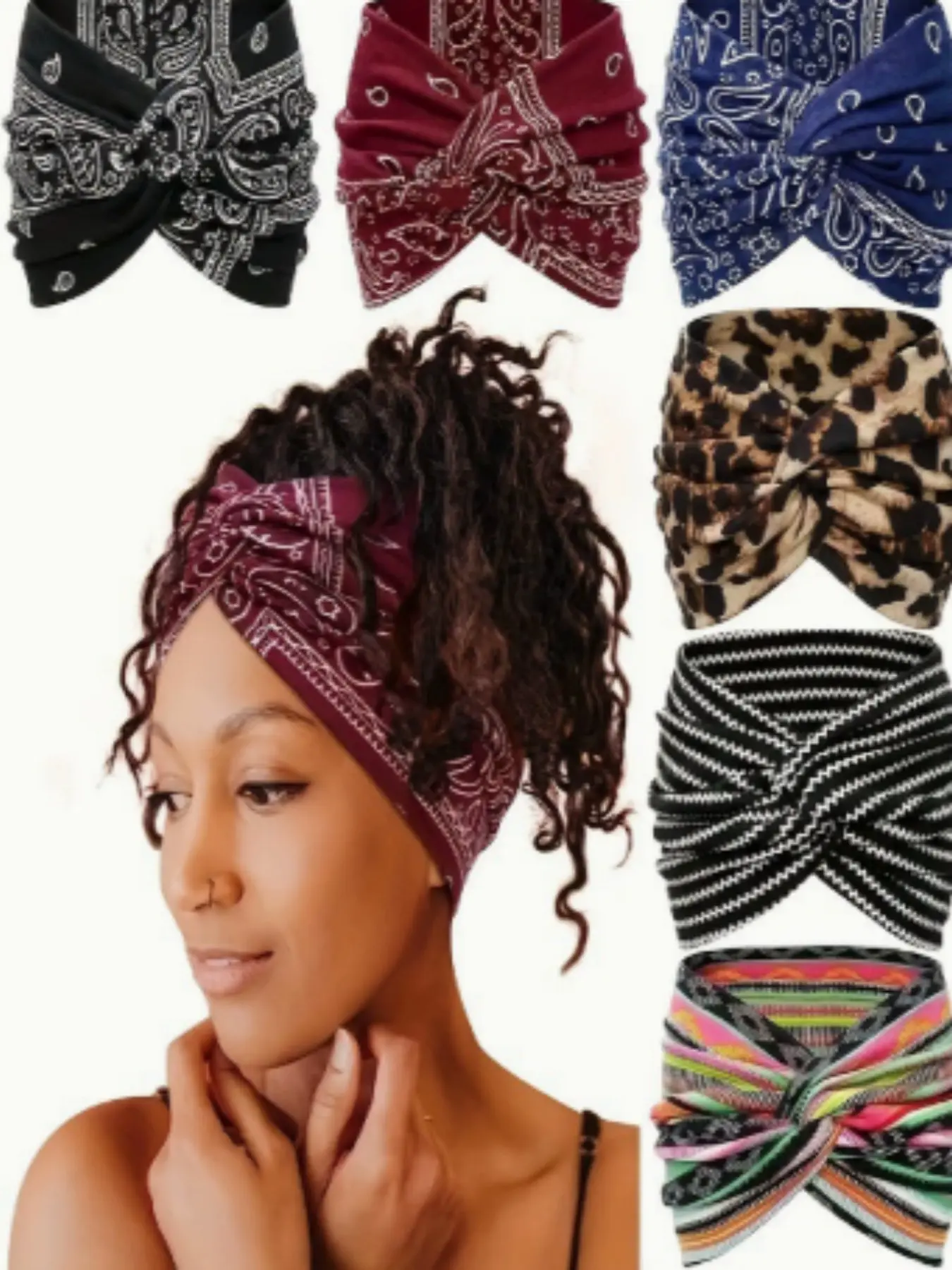 6pc-Women's Wide Headband Set, 7 Inch Bohemian Style Scarf Hair Band, Twisted Hair Accessory, 6 Pieces, Fashionable and Stylish