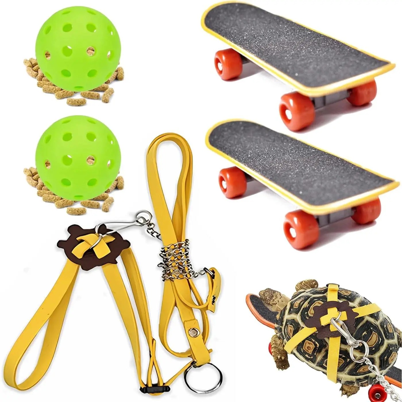 Turtles Playing and  Toys Set, 1 Adjustable Tortoise Leash 2 Reptile Skateboards 2  Ball, Turtle  Skate Accessory Funny  Mini Walking Skateboards for Parrot(Yellow Small)