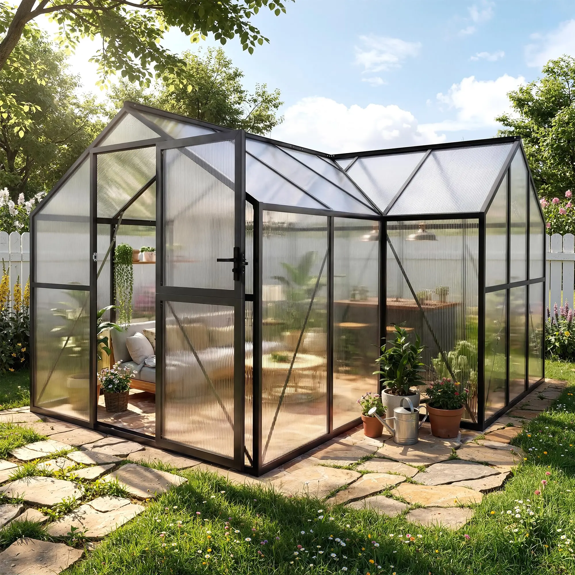 12x12FT T-Shape Greenhouses, Greenhouse for Outdoors with Polycarbonate Panel, Heavy Duty Green House with Aluminum Frame, Roof Vent, Quick-Install Design for Backyard, Garden(4 Boxes)