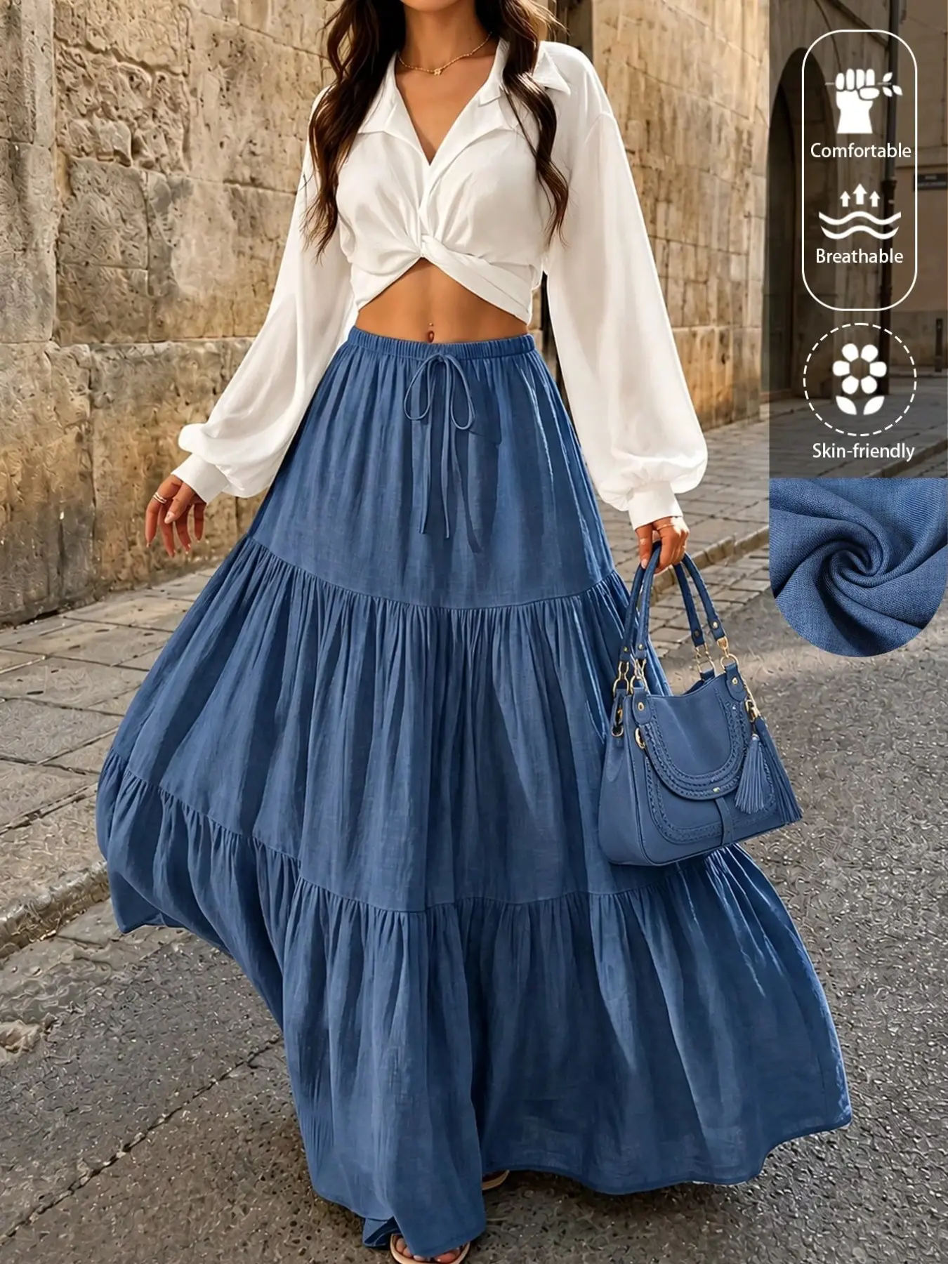 Women's Plus Size Tiered Maxi Skirt Elastic High Waist Adjustable Drawstring Flowy Boho Casual Summer Beach European Vacation Trendy