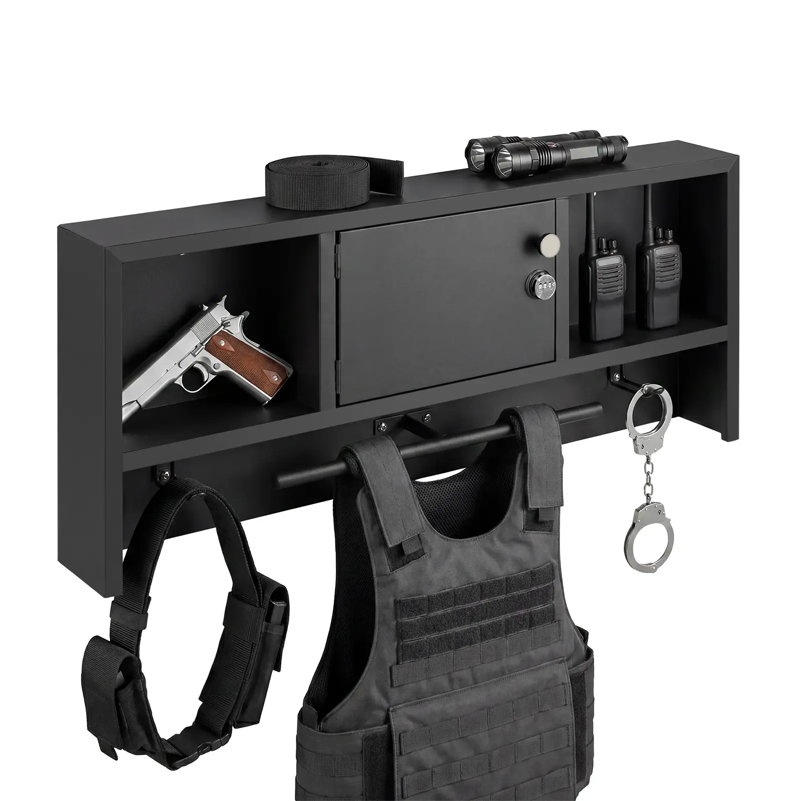 Wall Mounted Police Hanger with Hooks, Heavy Duty Police Gear Rack for Vest, Belt, Helmet & Equipment, Steel Organizer with Password Lock Safe for Garage, Closet, Patrol Office