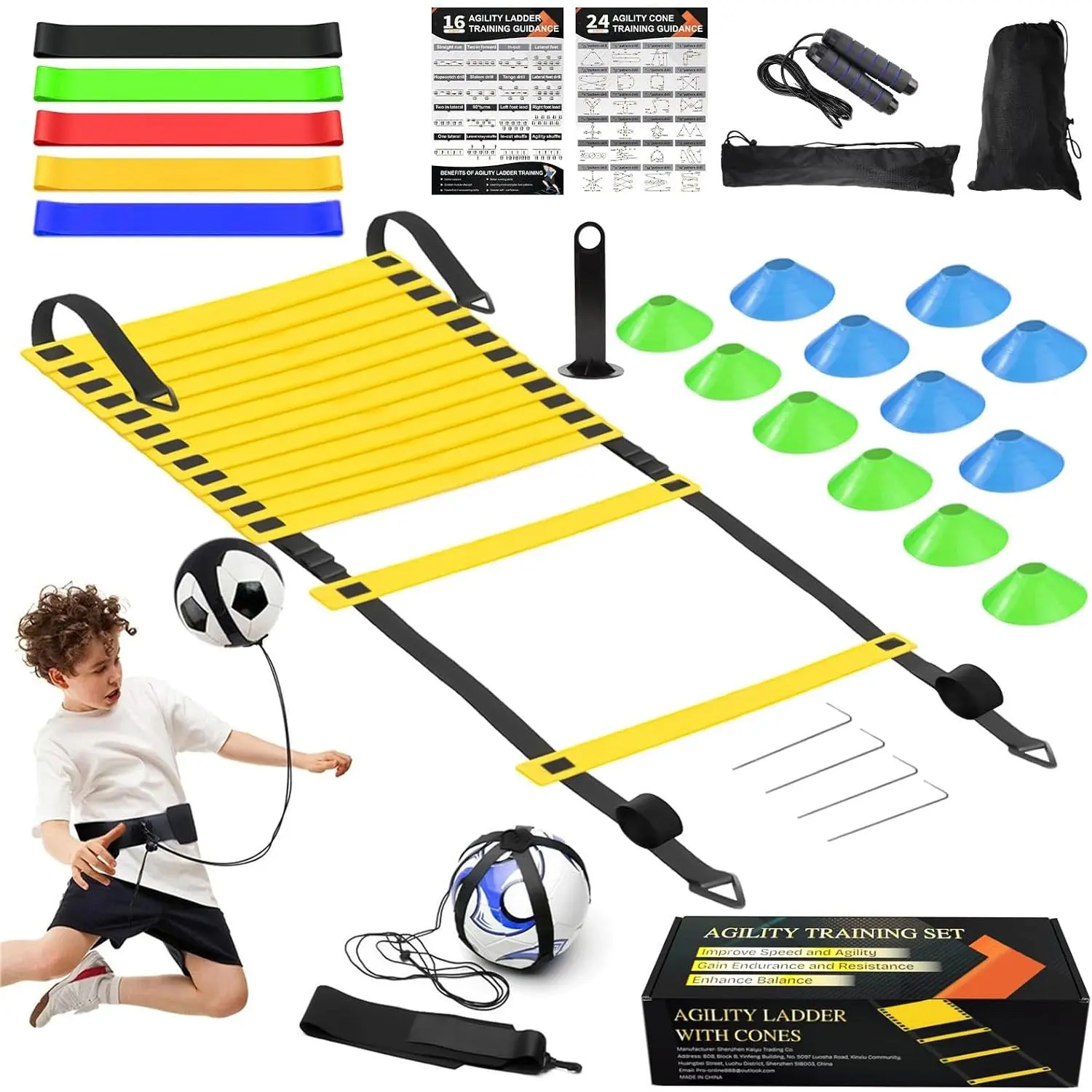 Speed Agility  Equipment Set, Agility Ladder 20ft, 12 Football Cones, Resistance Parachute/Soccer Kick Trainer, Jump Rope, 5 Resistance Bands, Football Practice Equipment for  Adults