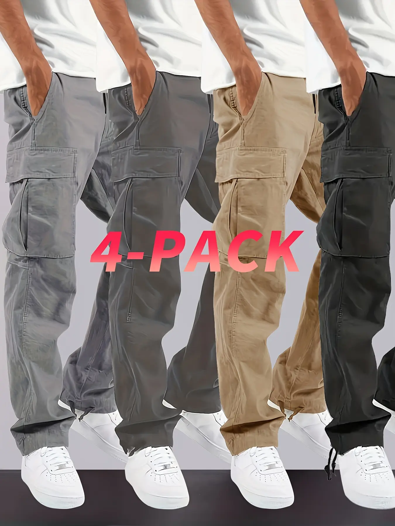 4 pieces of men's casual work pants, with elastic waist and multiple pockets design, comfortable and breathable, machine washable, ideal choice for outdoor activities in spring and autumn seasons, Casual Wear Bottoms, Casual Comfy Trouser