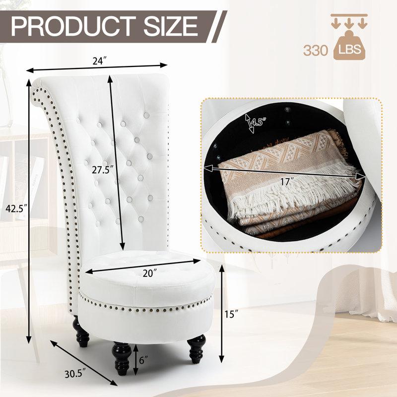 Velvet Upholstered Accent Chair with Storage, White High Back Chair with Nailhead Trim, Button Tufting & Wooden Legs