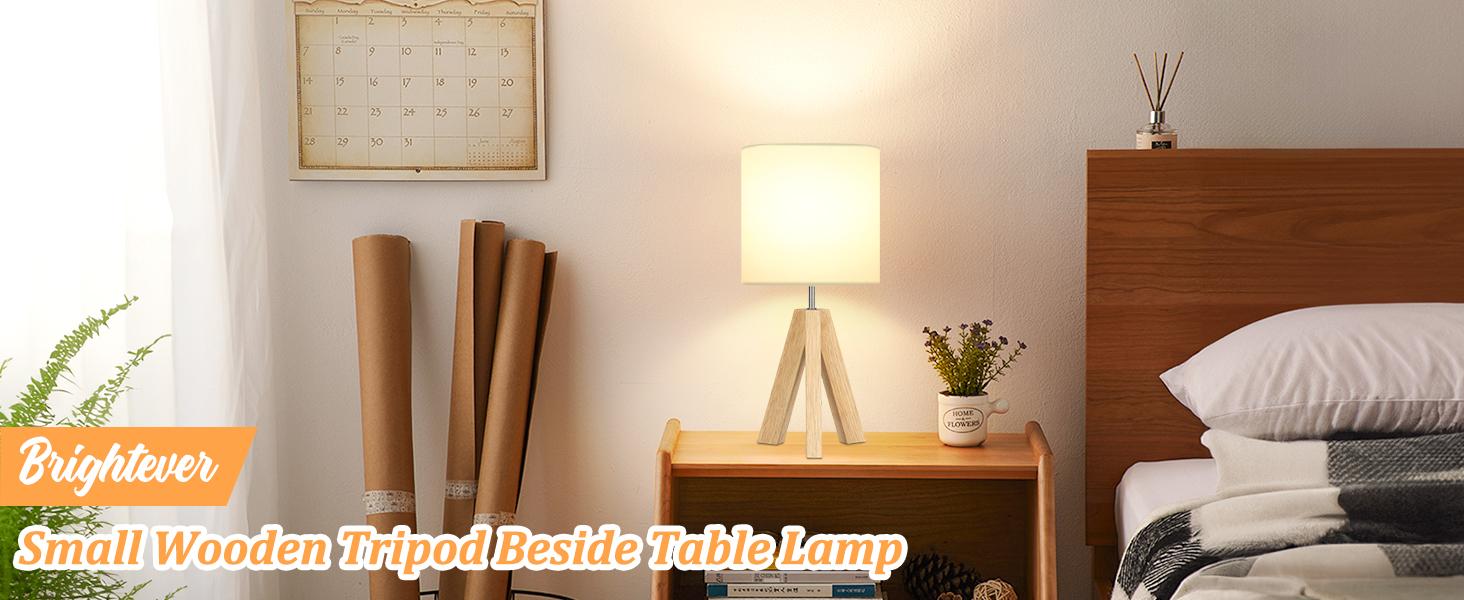 Small Beside Table Lamp Modern Mood Lighting Led Nightlight Wood Tripod Table Lamp with White Fabric Shade Cute Boho Nightstand Minimalist Desk Lamp for Bedroom Living Room Nursery Kids Room Office Dorm