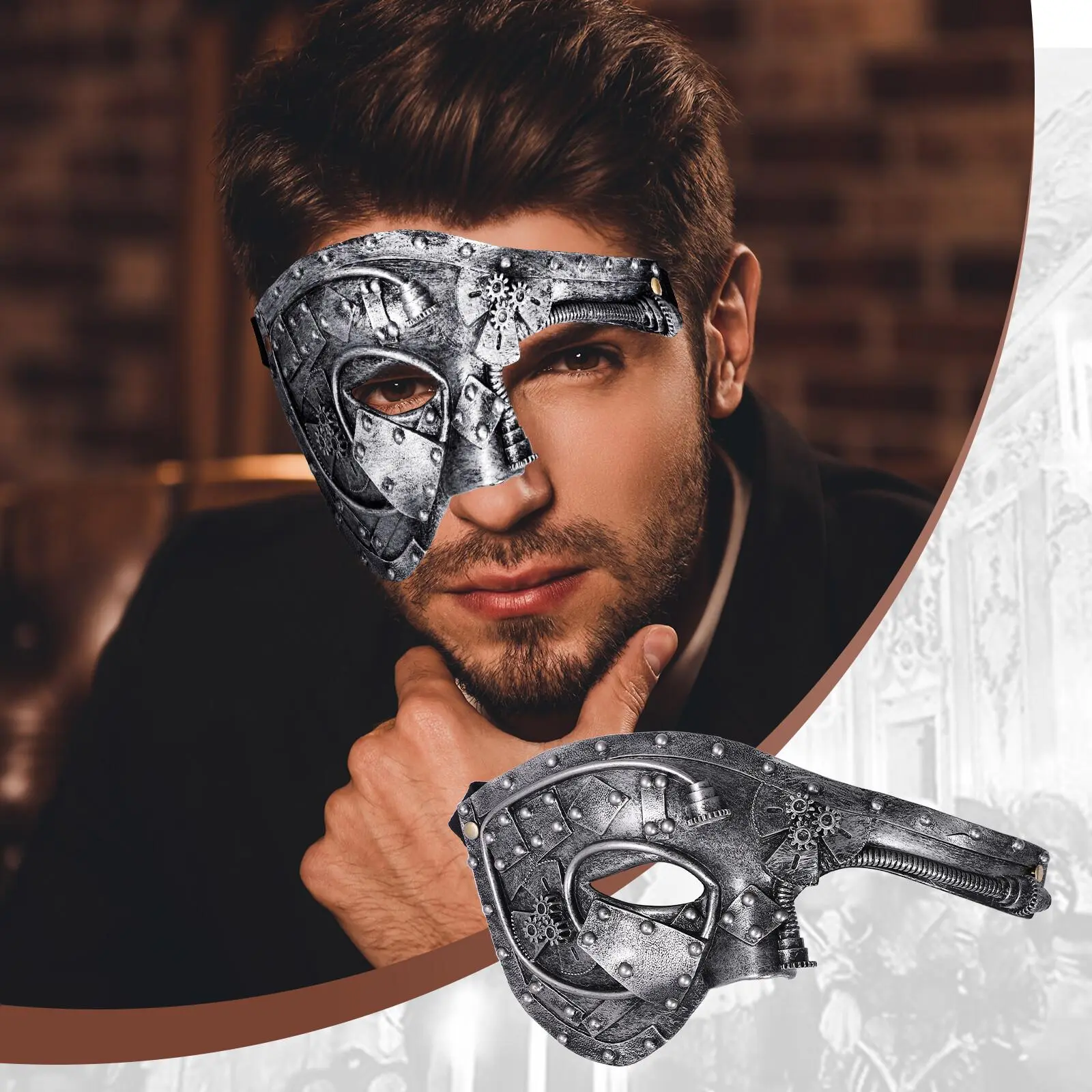 Men's Durable Steampunk Mechanical Venetian Masquerade Mask - 23x15.5cm (9.1"x6.1"), 0.085kg Plastic, Adjustable Band, Costume Party Fashion Face Covering Accessory, Retro-Futurist Evening Use