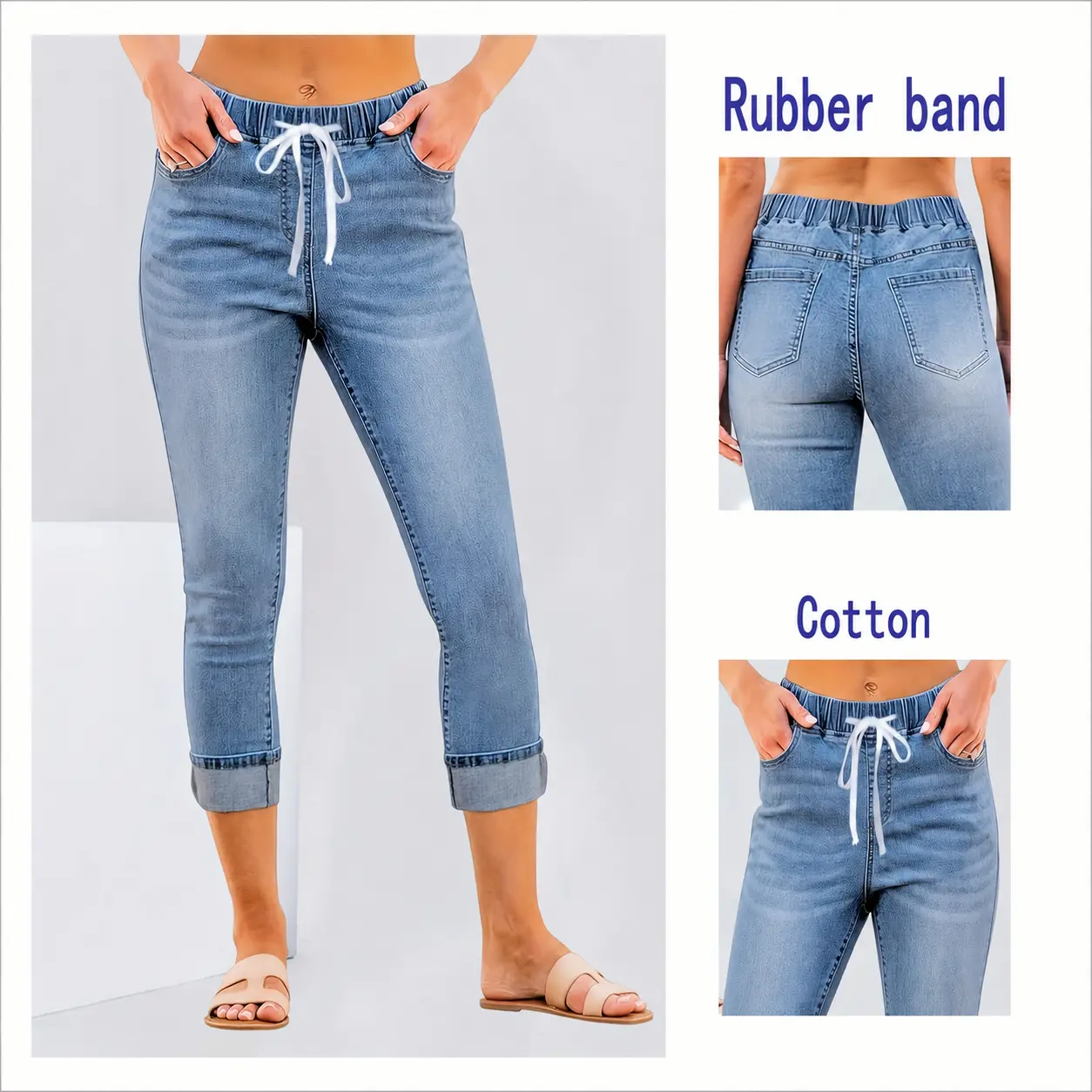 Women's Solid Capri Jeans in High-Stretch Denim Blend, Preppy Skinny Fit Bottoms with an Elastic Drawstring Waist, Woven