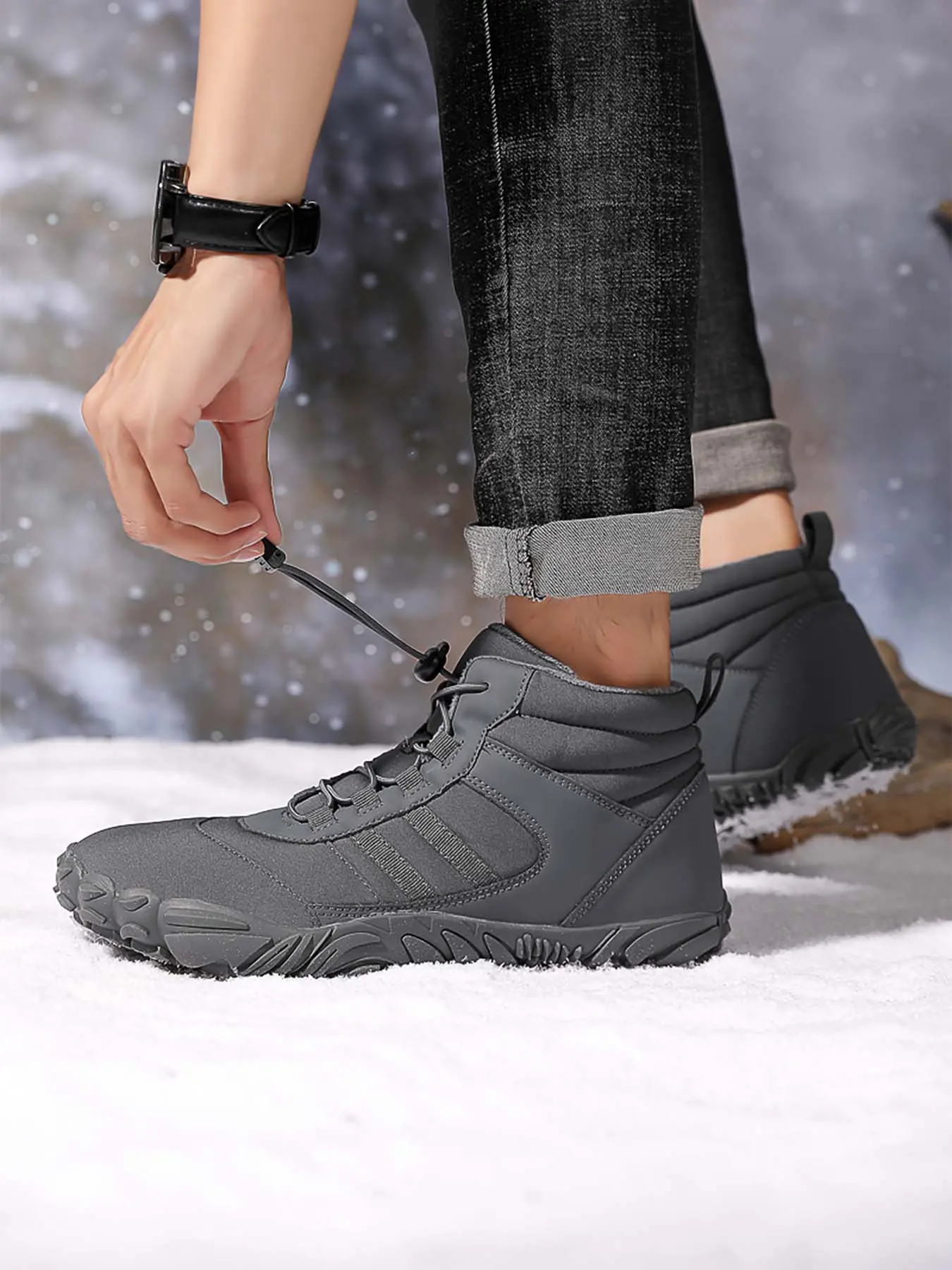 Men’s Fleece Lined Warm Barefoot Snow Boots, Wide Toe Box Zero Drop Quick Slip-On Lock Drawstring, Water Resistant Non-Slip Winter Ankle Boots for Commute & Trail Hiking