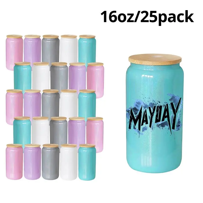 Crafix 25pcs 16oz Sublimation Glitter Glass Cup - Mixed Colors, Insulated Tumbler, Bamboo Straw, Lid, Washable, High-Quality Craftsmanship, Ideal for Beverages, Festive Gifts