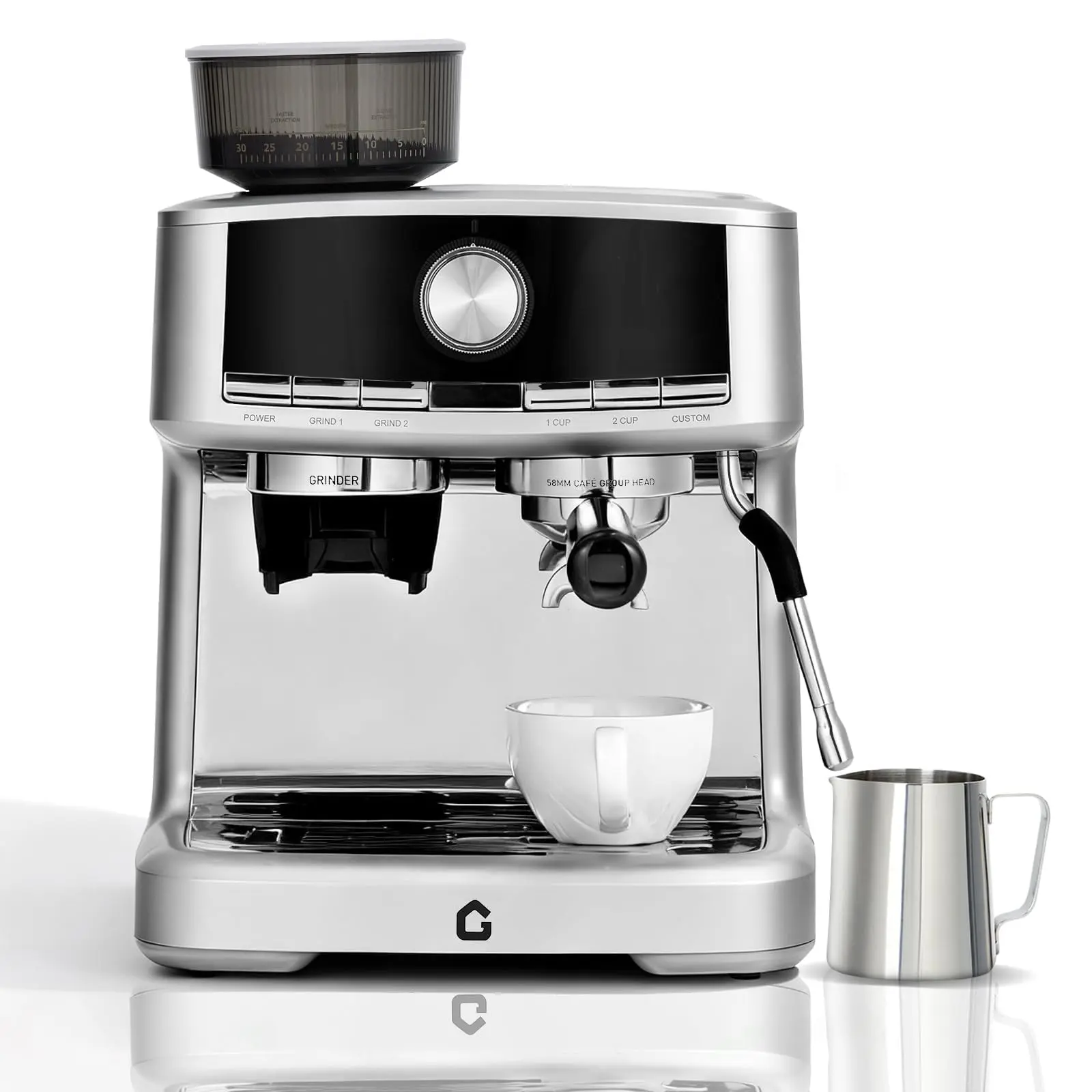 【GARVEE】20 Bar Pressure Stainless Steel Espresso Machine with Grinder – 1.5L Removable Water Tank – Milk Frother Steam Wand for Latte/Cappuccino – Adjustable Shot Volume – Professional Home/Office Use