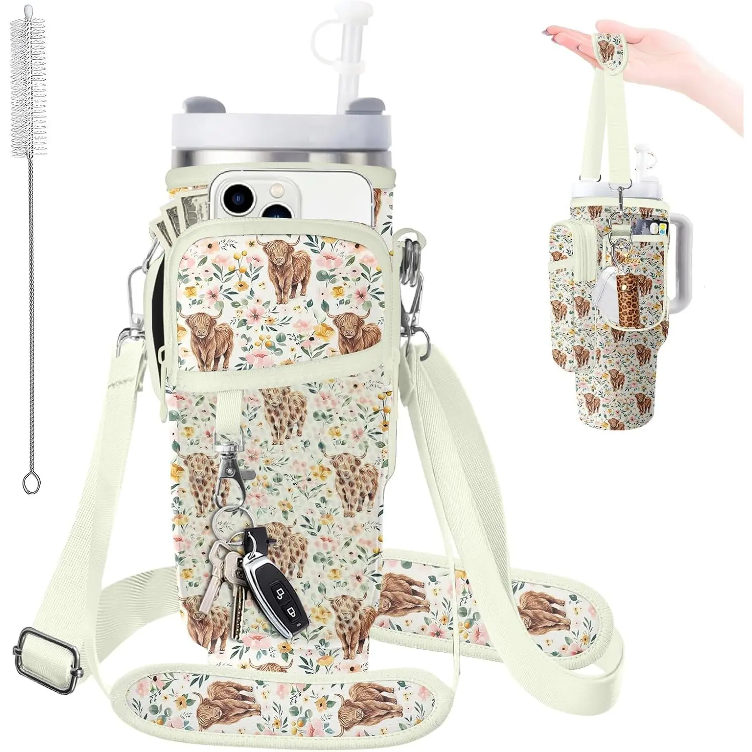 Water Bottle Carrier Bag with Phone Pocket for 40/30oz Stanley Cup Tumbler, Insulated Water Bottle Holder with Adjustable Strap,Crossbody Sling Bottle Pouch for Hiking Walking Camping Accessories