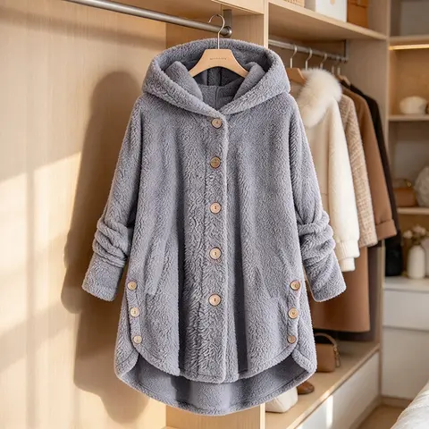Women's 2026 Winter Longsleeves Thick Warm Plush Irregular Coat - European American Button Solid Color Trendy Sports Outerwear, Breathable Casual Multi-Size Tops for Women Jackets