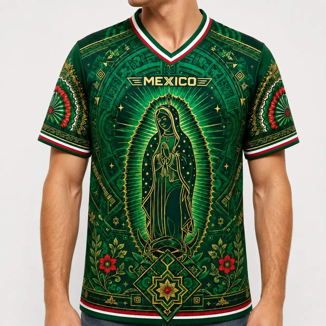Mexico Heritage V-Neck Jersey,Gold Graphic V-Neck Sports Shirt,Unisex Fan Apparel,mexican dad gift,sporty geometric design,sport clothing,trendy casual loose fit,unisex casual sport top,sporty fit,summer festival,gym clothes men,vintage shirts,2026