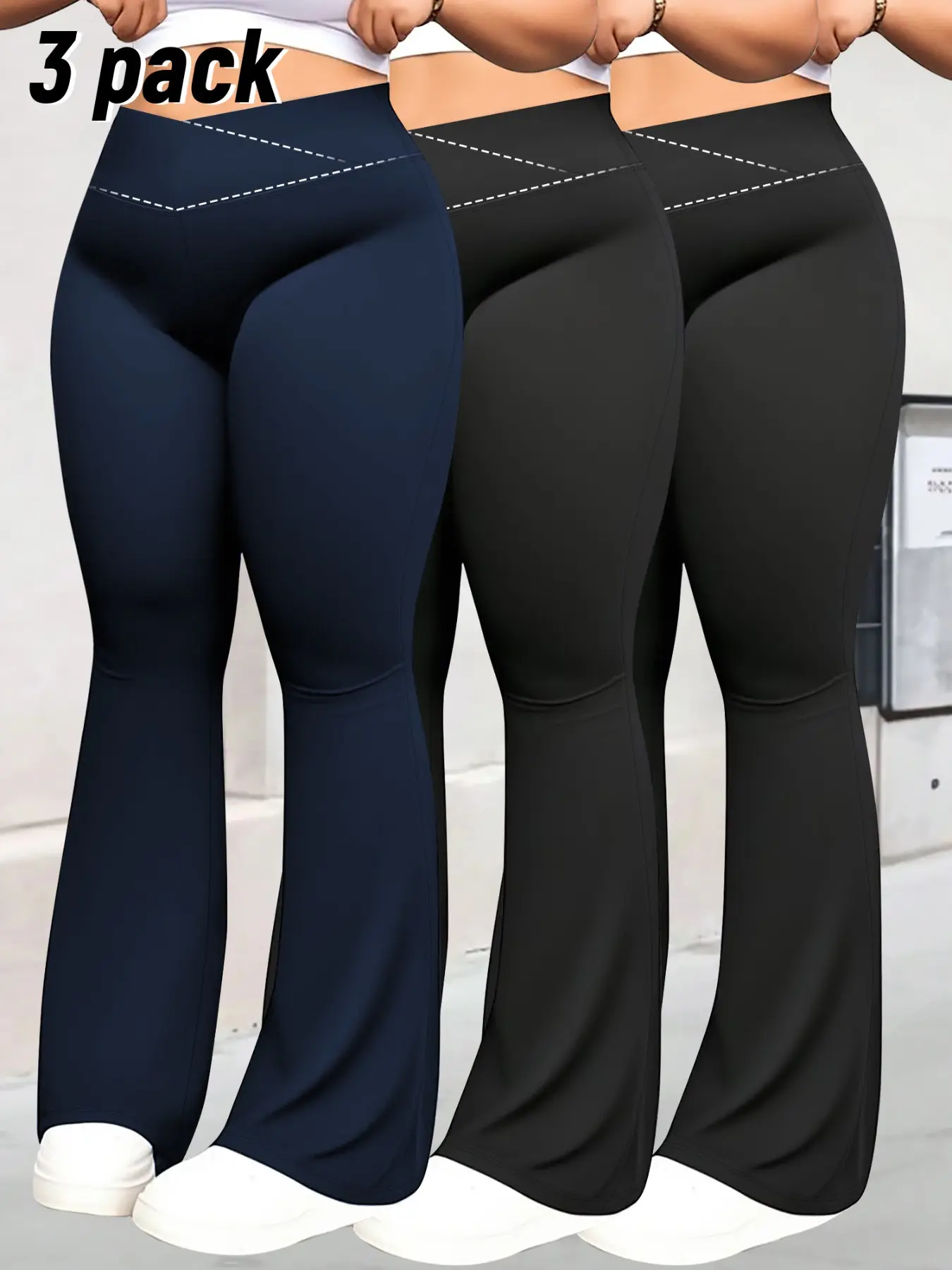 Three-Pack Plus Size Women's V-Neck High-Waisted Yoga Pants, Soft Four-Way Stretch Micro Flare Tight Fit, Curvy Body Fitness Daily Wear Long Pants, Athletic Casual Pants, High Waist Activewear