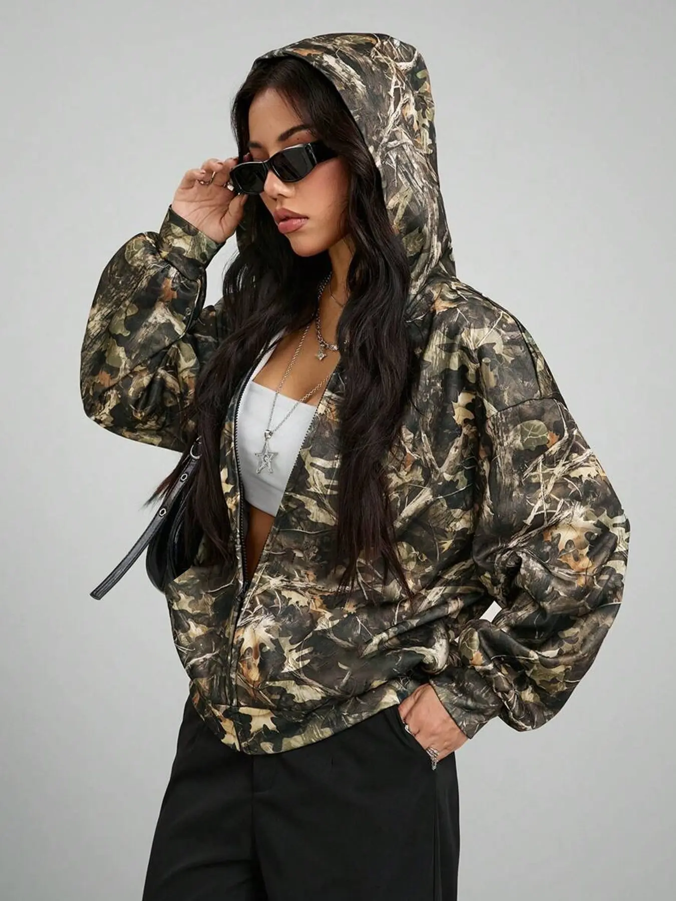 Women's American Jungle Camo Hooded Jacket, Loose Fit Drop Shoulder Zipper Open Front, Street Retro Workwear Sweatshirt, Fall & Winter Outerwear