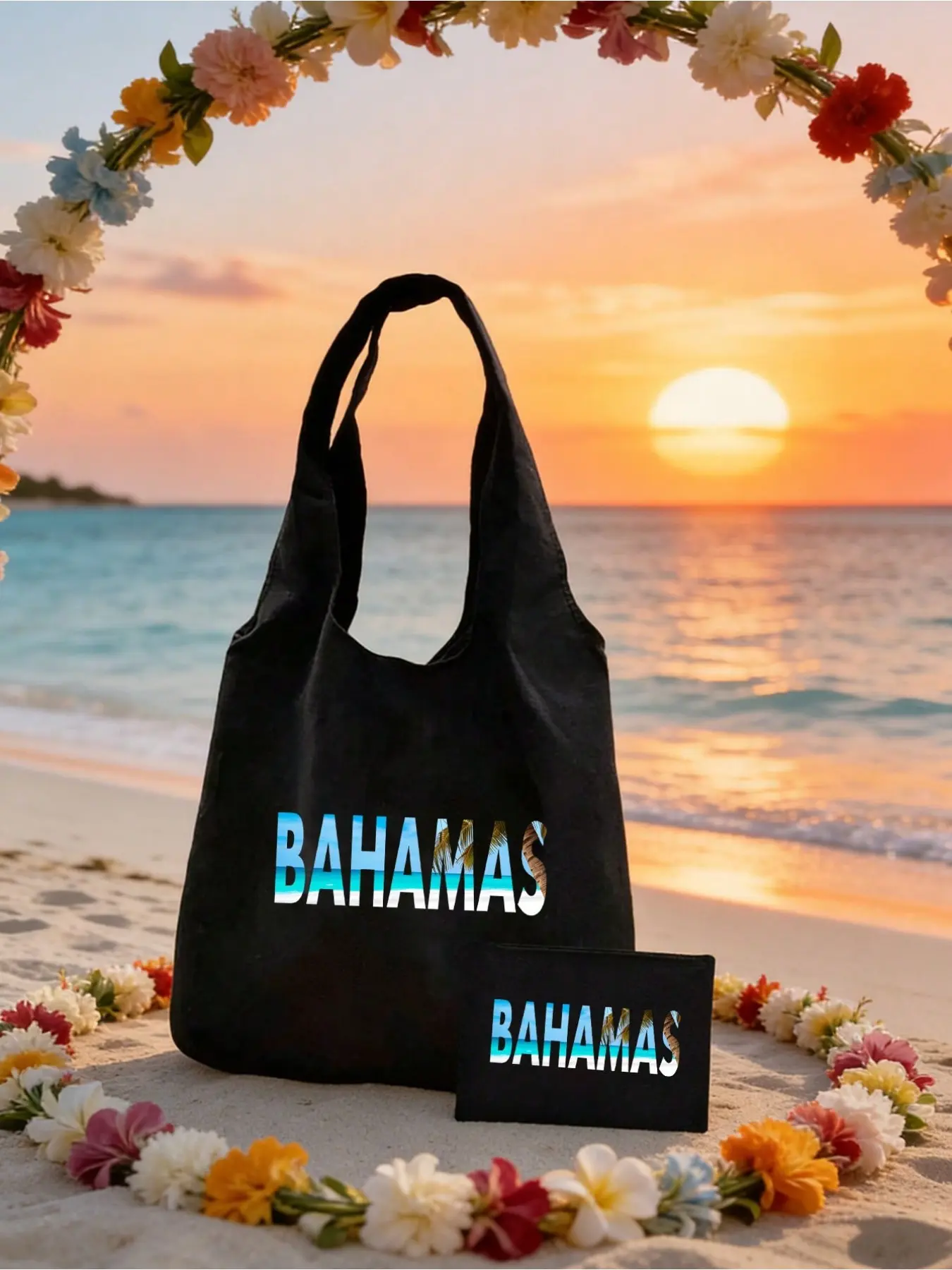 Bahama Theme Tote Bag Set, Beach Print,, Lightweight Reusable Shopping Bags, Multi-Functional Storage, Wedding Gift Bag, Portable Beach Bag Set