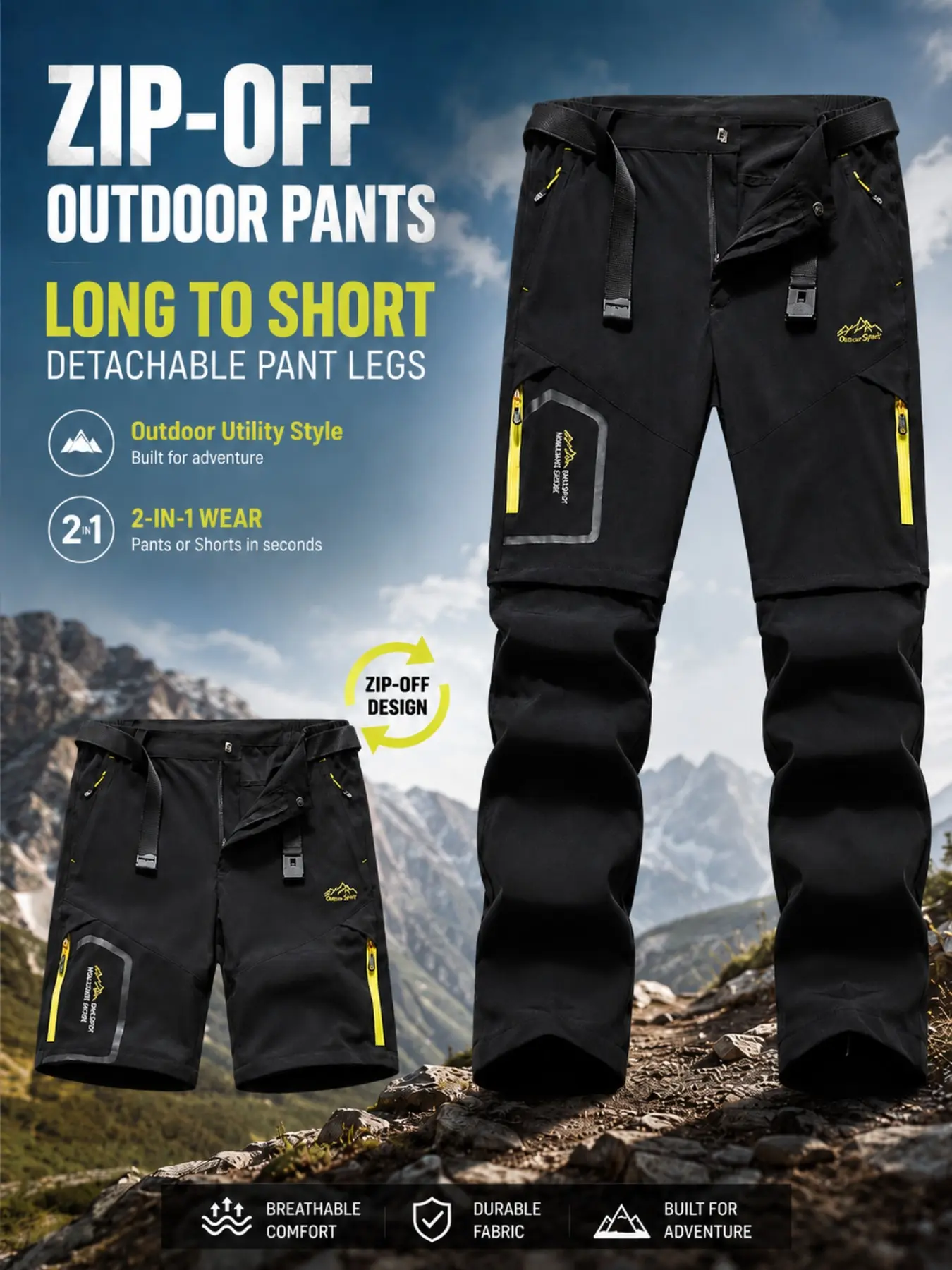 Men's Detachable Two-Piece Outdoor Quick-Dry Work Pants, Loose Fit, Anti-Stain, Durable, Multiple Pockets, Adjustable Waistband, Hiking Gear