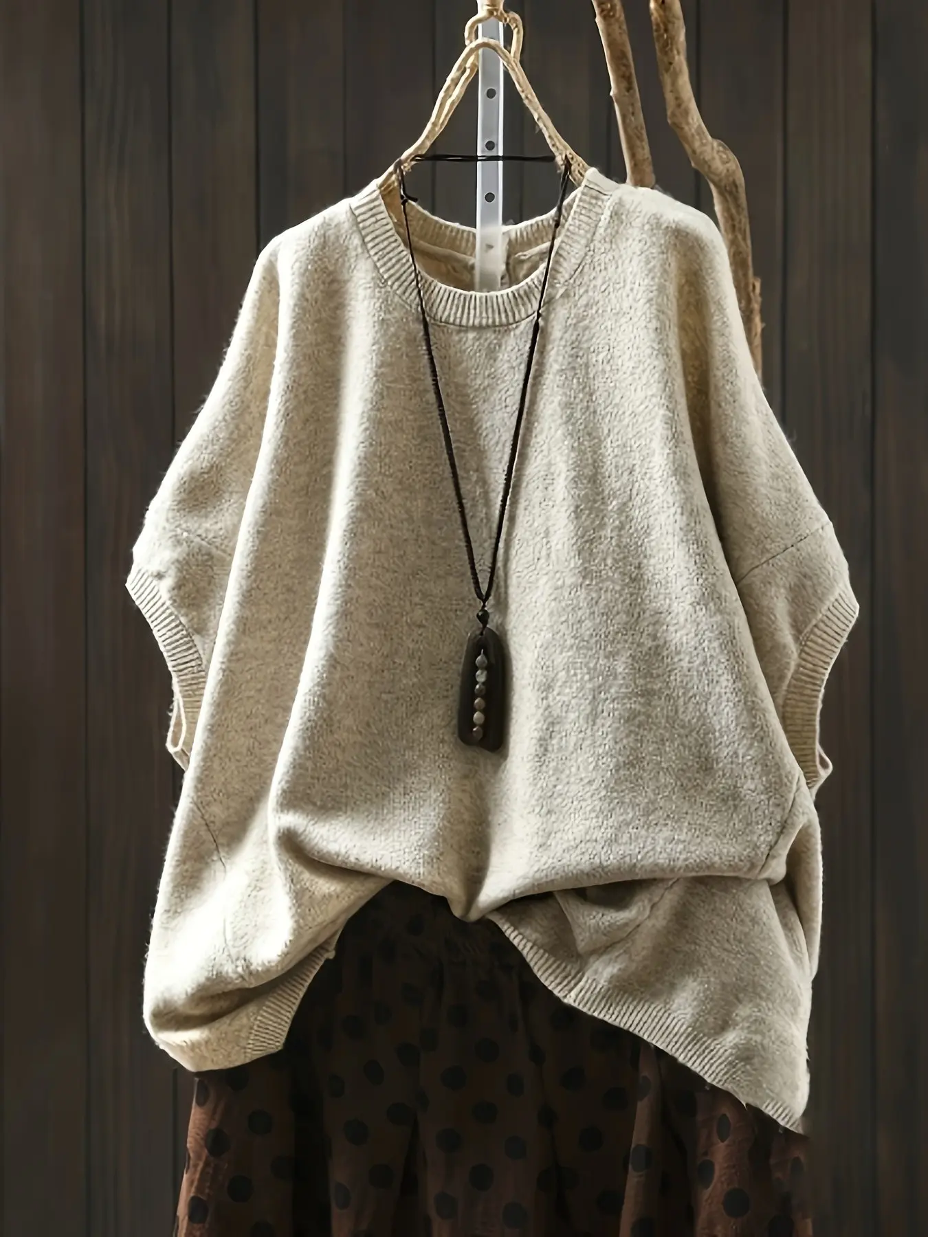 Women's Plus Size Loose Fit Baggy Batwing Sleeve Solid Knit Top, Casual Butterfly Pattern Pullover, Short Sleeve Summer & Spring Fashion