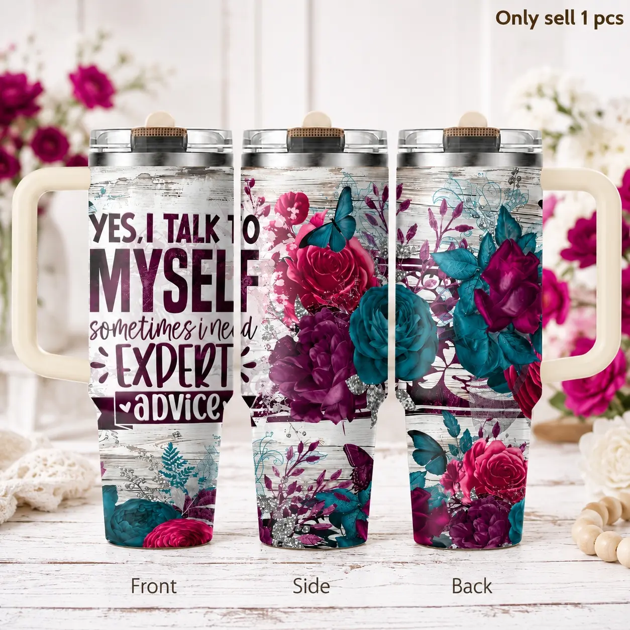 Sarcastic Self Talk 40oz Tumbler – Funny Floral Quote Stainless Steel Insulated Cup with Handle & Straw Lid for Coffee, Water, Office, Gym, Car, Sassy Humor Gift for Women Insulated Mug Tumbler