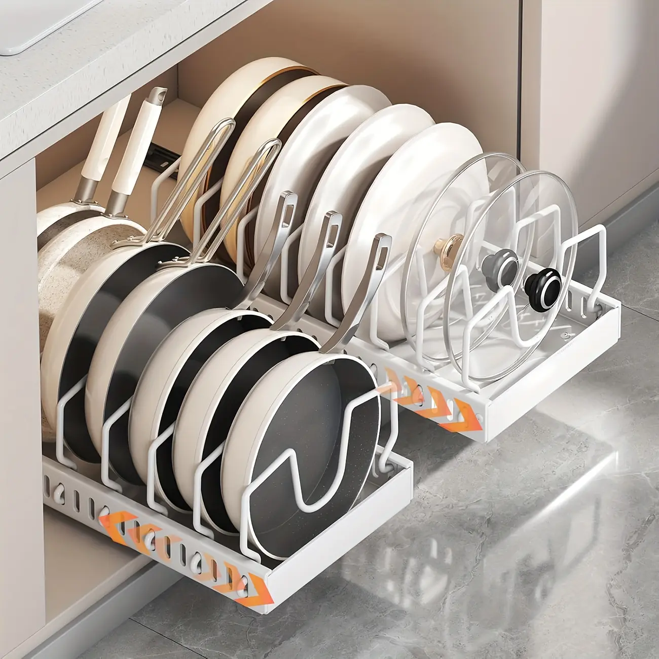 1/2PCS pull-down cabinet storage box for pots and pans, sliding pot lid rack and pan rack for the kitchen, sliding storage box inside the cabinet, can store pot lids, baking utensils and plates, 8/16 adjustable dividers, kitchen decoration and accessories