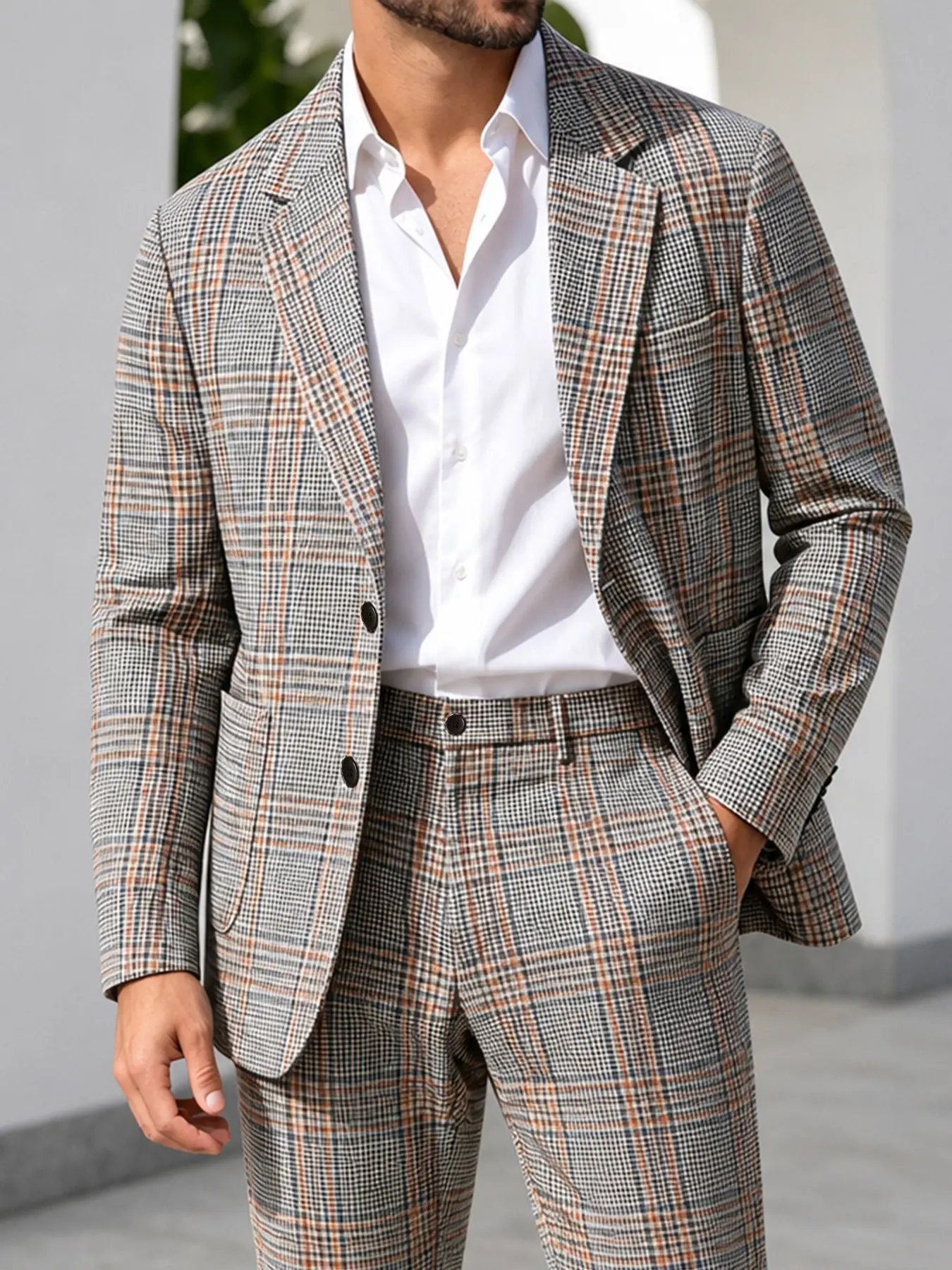 Men's Vintage Gingham Suit Two-Piece Set, Plaid Slim-Fit Blazer and Straight Leg Pants, Wrinkle-Resistant Fabric, Ideal for Office and Casual Wear