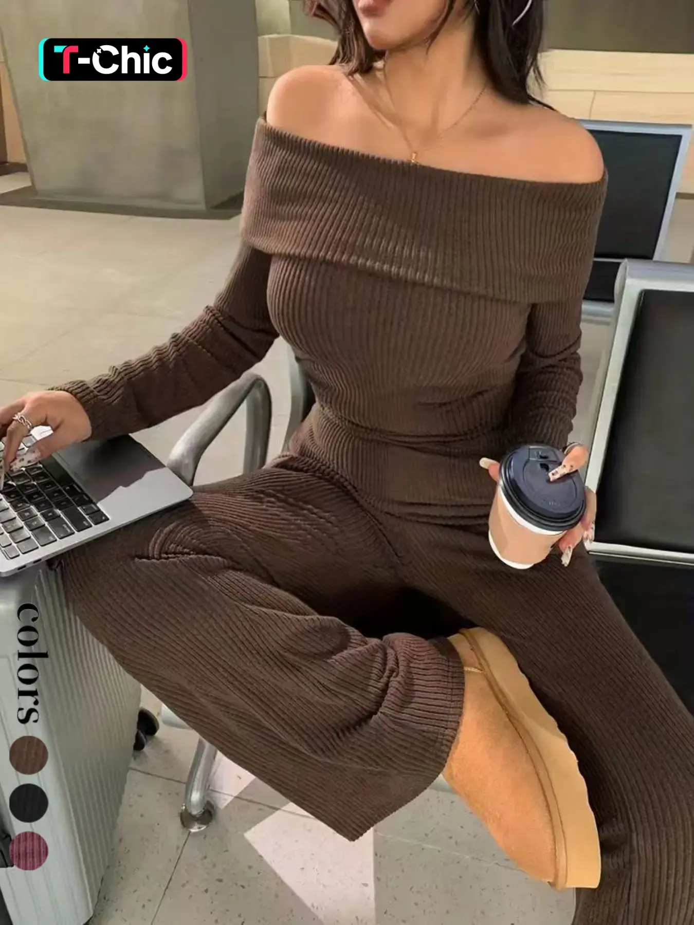New European and American Style Casual Fall Winter Solid Color Sexy Off-Shoulder Top + Wide Leg Bell Bottom Pants Two-Piece Set