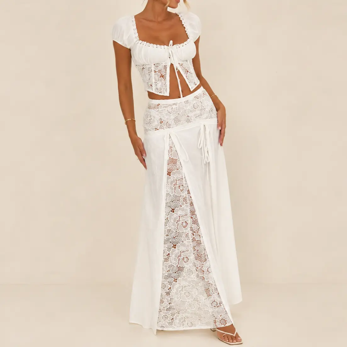 Boho Tummy Flattering 2 Piece Set Front Tie Milkmaid Crop Top High Waisted Lace Panel Split Maxi Skirt Lightweight Cotton Blend Resort Vacation Summer Long Set for WomenL