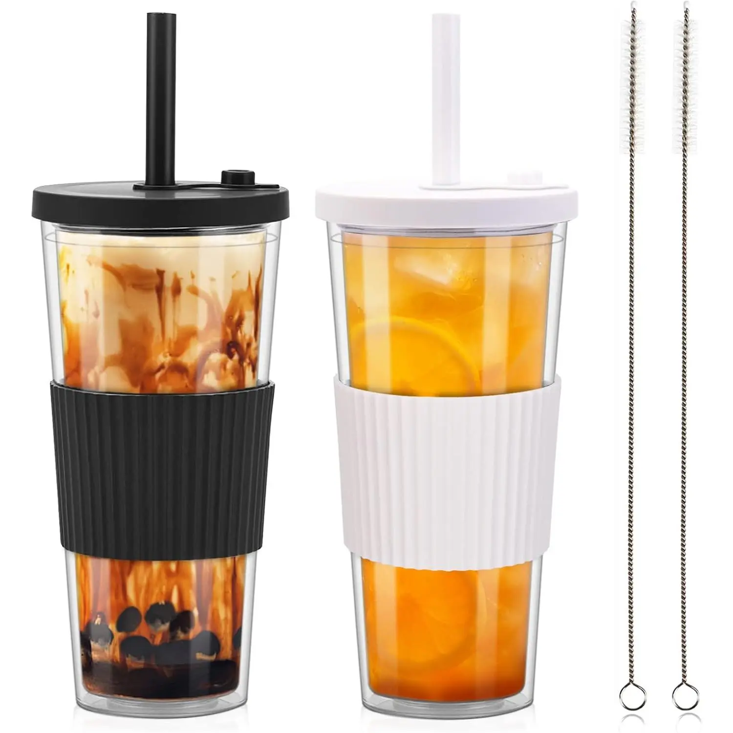 2 Pack  Boba  Cups, 24oz Iced Coffee Cup with Straw and Lid, Leakproof Clear Plastic Cups Tumbler, Double Wall Insulated Smoothie Tumbler, Wide Straw for Bubble ,